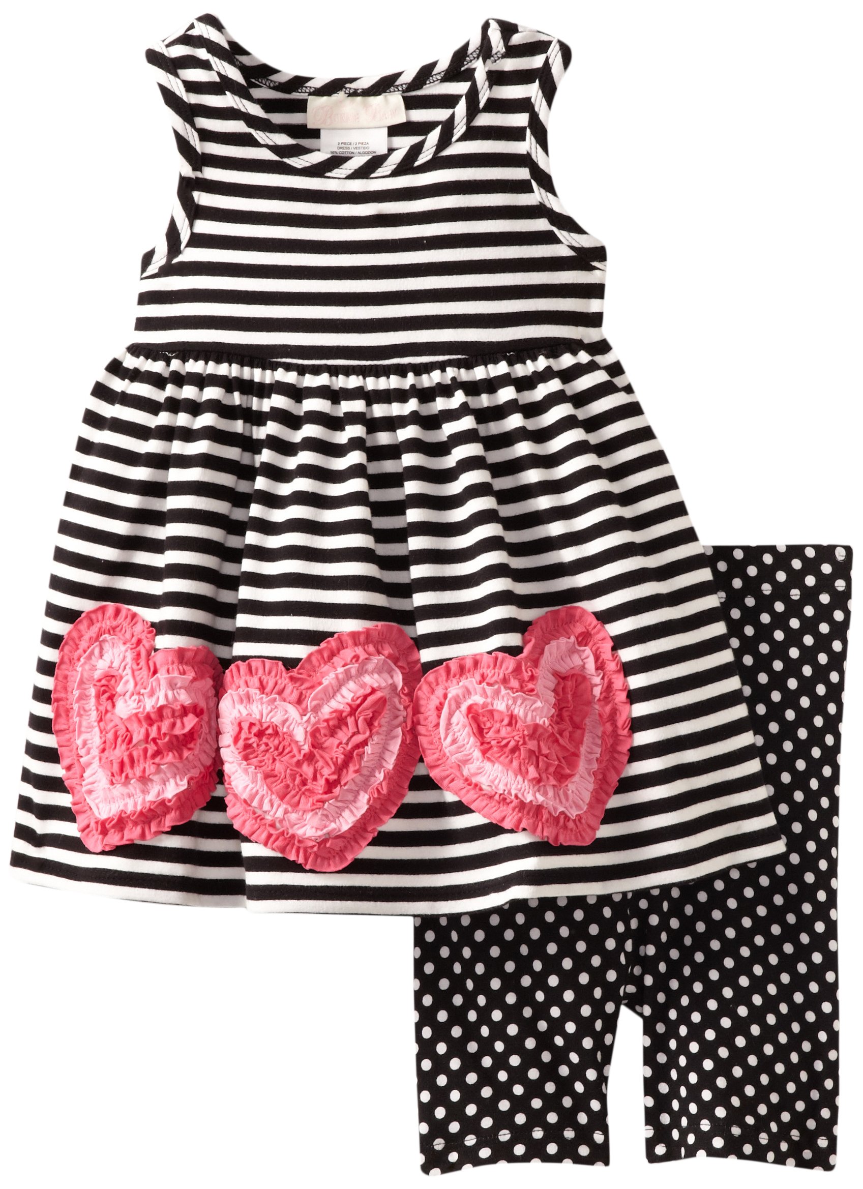 Bonnie Jean Baby Girls Striped Heart Print Dress and Shorts Outfit Set - Black & White - 12-24 Months | Cute Casual Wear for Playdates & Family Photos