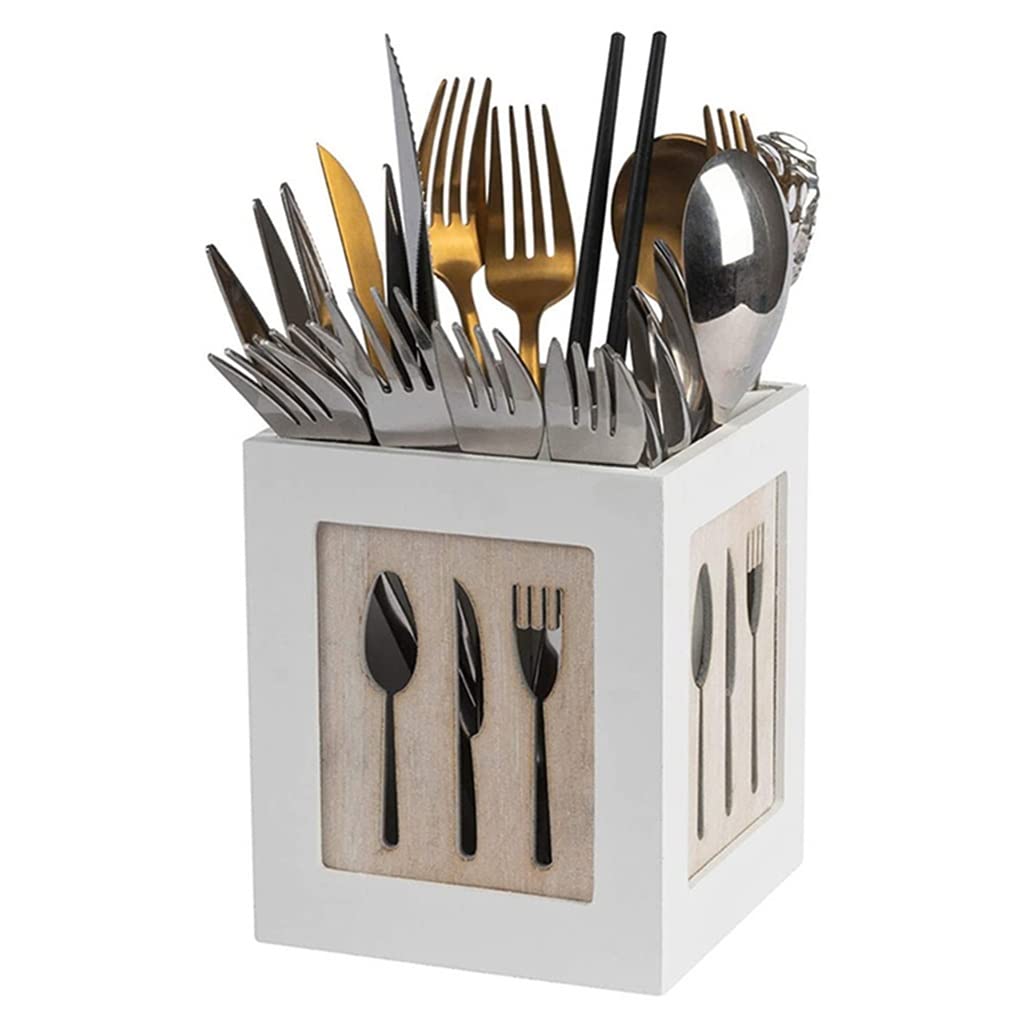 White Wooden Utensil Holder - 12 x 12 x 14.5cm Kitchen Cutlery Organizer for Spoons, Forks, Knives & Chopsticks - Perfect for Countertop Storage & Dining Table Organization