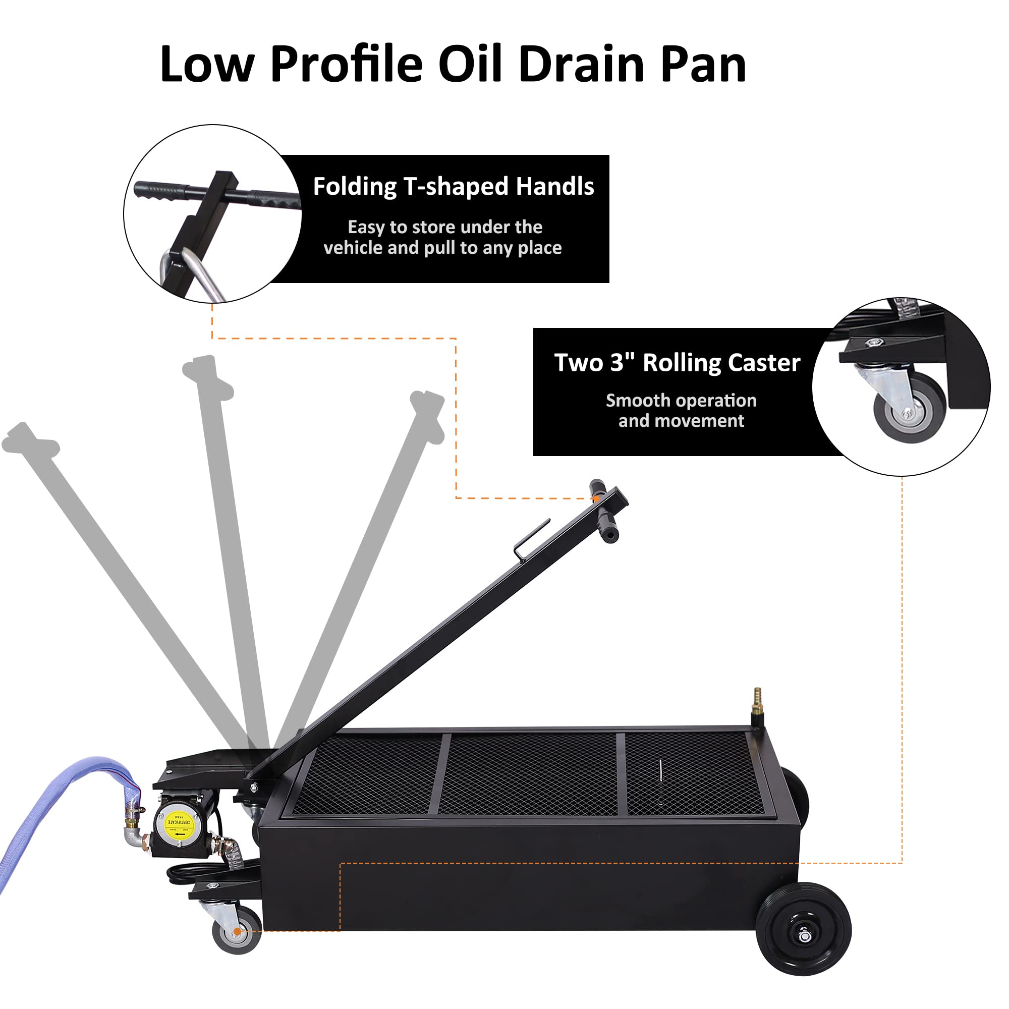 20 Gallon Oil Drain Pan with Electric Pump - Portable Low Profile Oil Change Tank for Cars, SUVs & Trucks - Large Capacity Oil Drain Pan with Hose & Swivel Caster Wheels - Ideal for Garage, Auto Shop & DIY Oil Changes (Black)