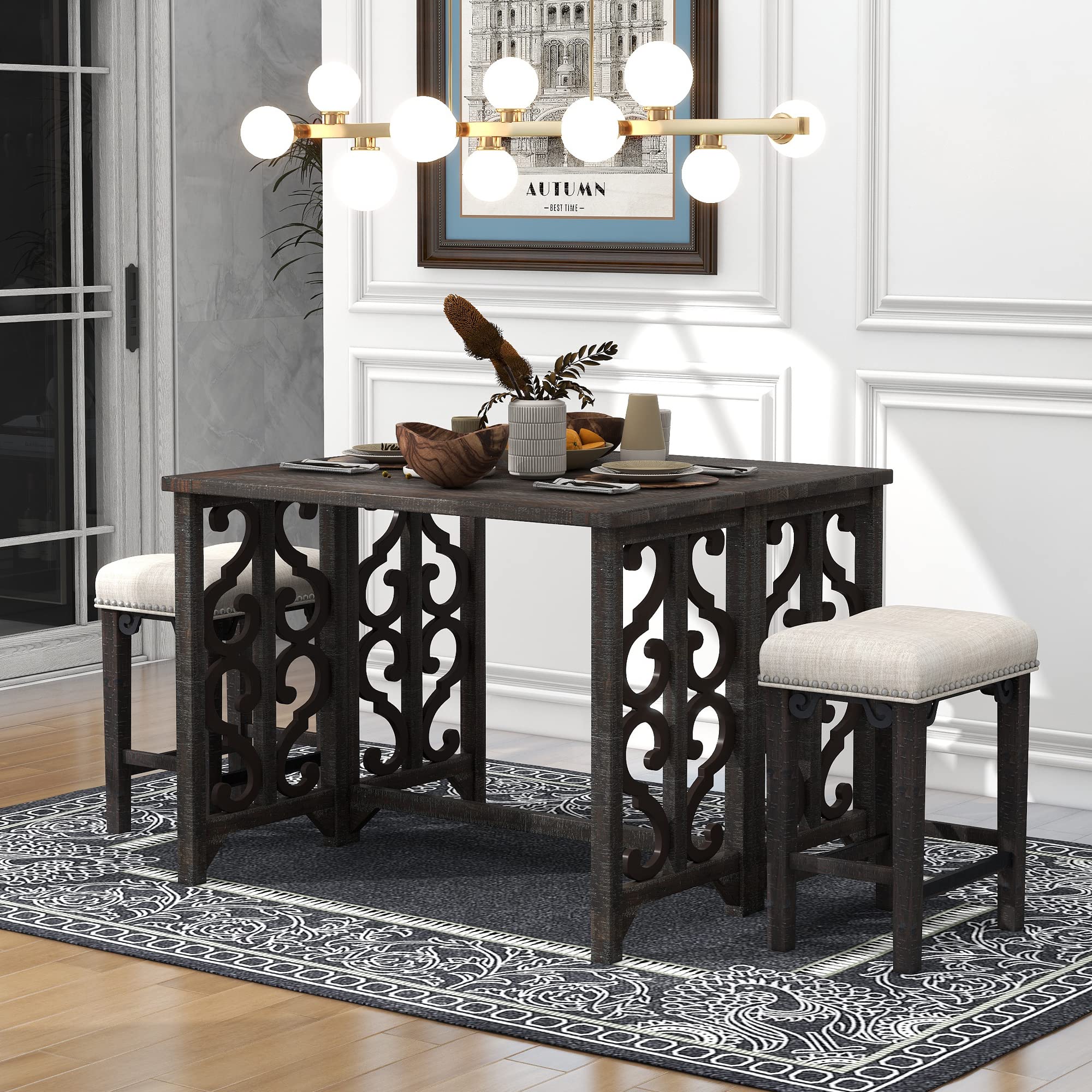 Vintage 3-Piece Solid Wood Counter Height Pub Set with Foldable Table & 2 Saddle Stools - Retro Kitchen Dining Set for Small Spaces, Living Room, Guest Room, Home Bar & Coffee Nook - Perfect for Entertaining, Breakfast Nook & Compact Apartments