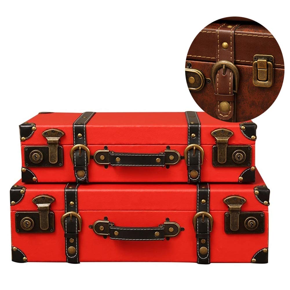 Vintage Wooden Treasure Chest Suitcase with PU Lock Buckle - Retro Travel Luggage, Home Decor, Storage Box - 44×11.5×22.5cm (Red) - Perfect for Themed Parties, Vintage Photography Props, and Unique Home Storage Solutions