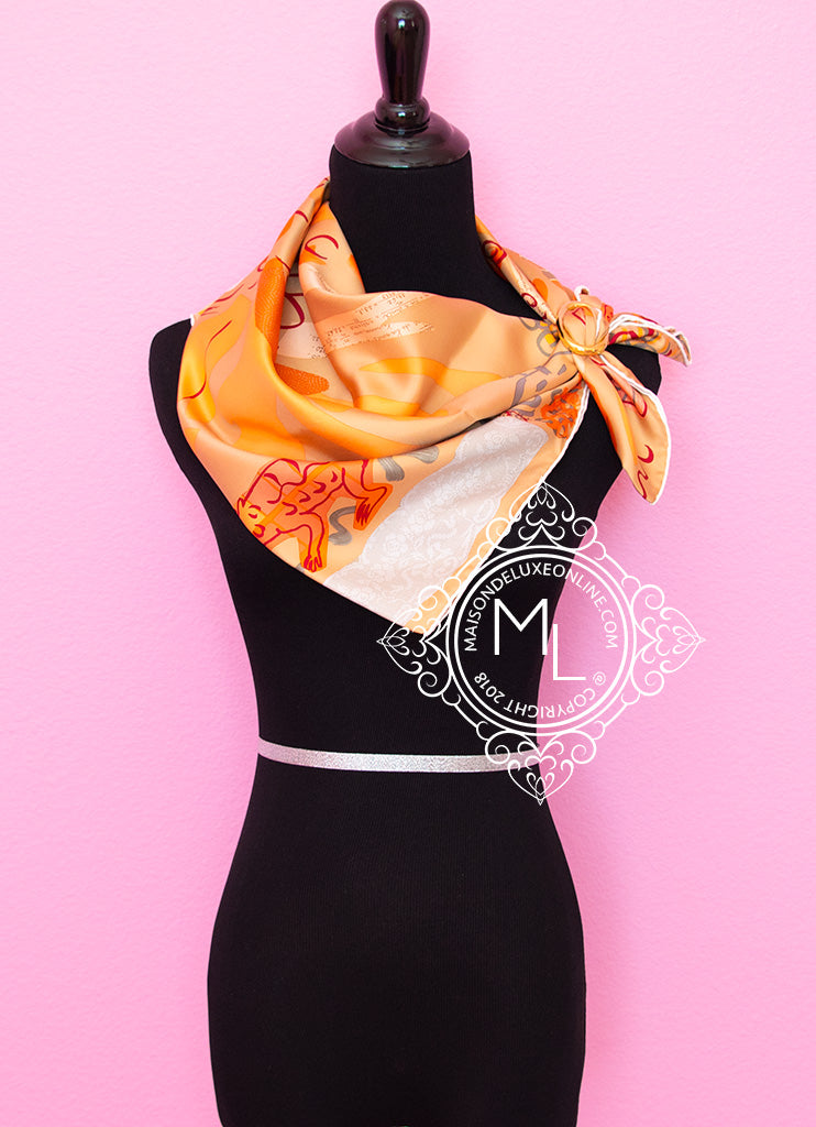 Hermes Orange Twill Silk Scarf 90cm - La Maison des Oiseaux Parleurs Design - Luxury Fashion Accessory for Women, Perfect for Gifts, Parties and Everyday Elegance