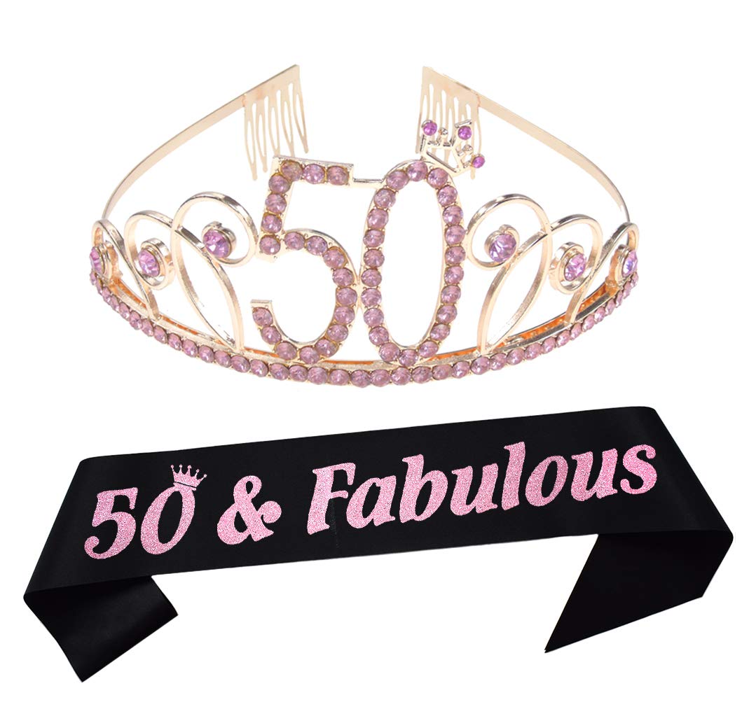50th Birthday Tiara and Sash Set - Sparkly Black Satin Sash & Rose Gold Crystal Crown for Women's 50th Birthday Party Decorations | Perfect for Milestone Celebrations, Birthday Photos, and Princess-Themed Parties
