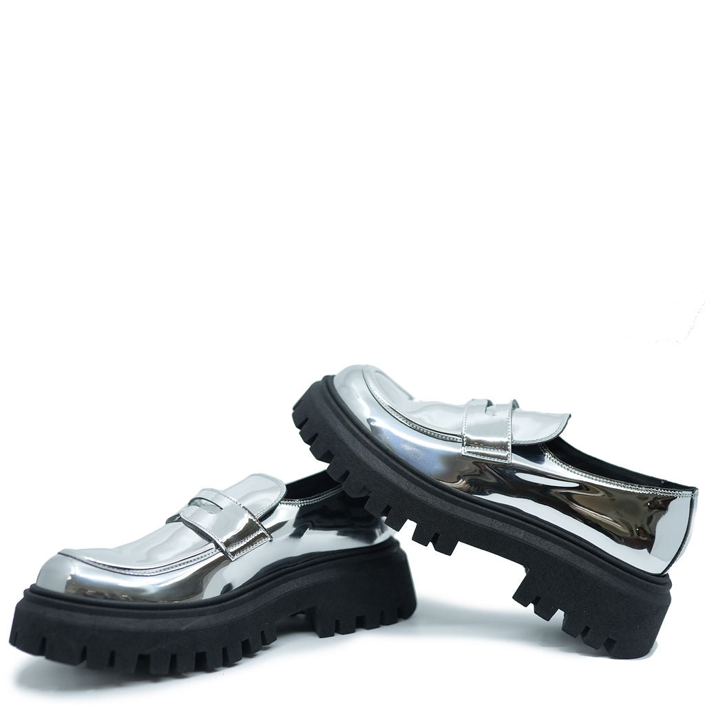 Rondinella Women's Chunky Silver Mirror Loafers - Stylish & Comfortable Slip-On Shoes for Casual Outfits, Office Wear & Everyday Use