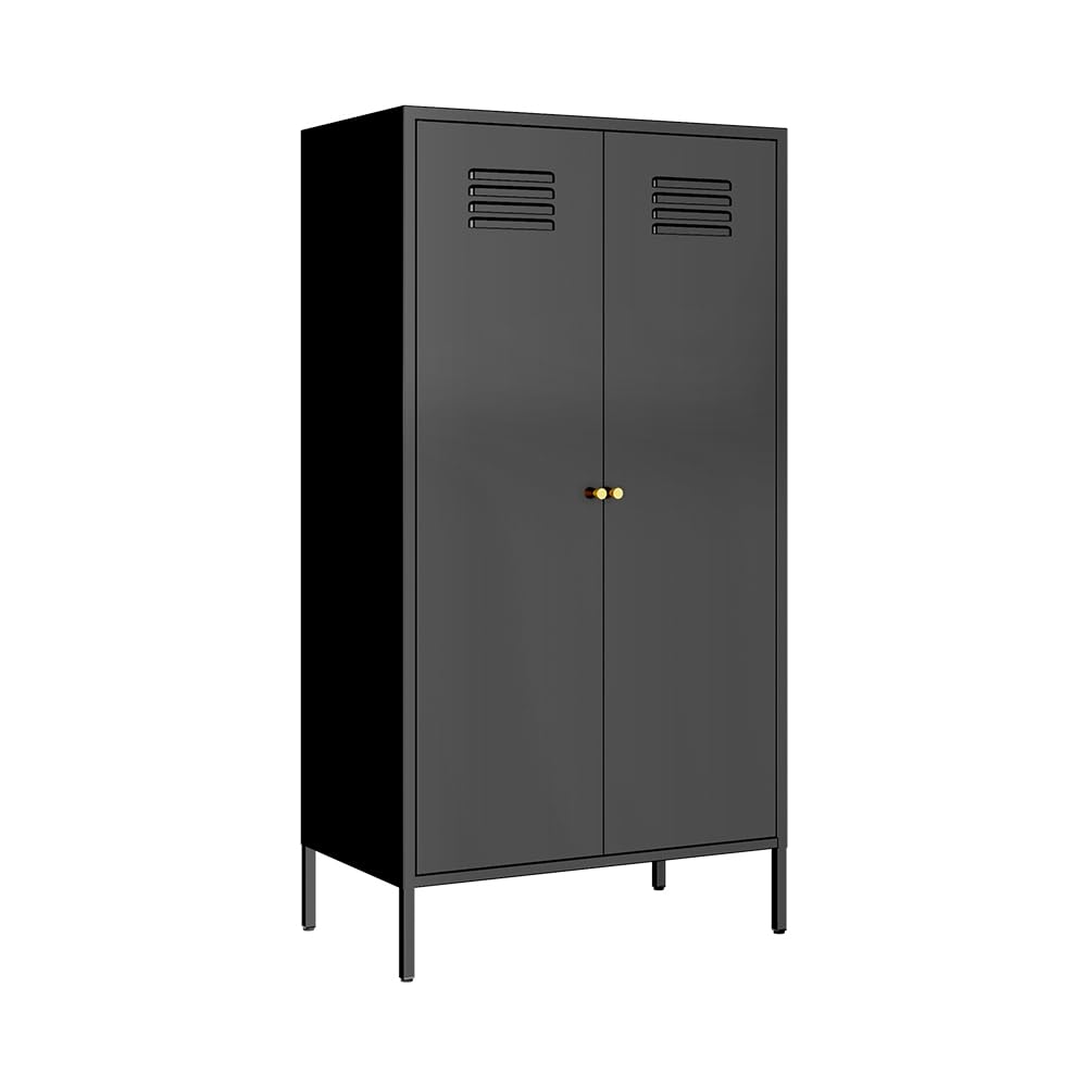 2-Door Steel Wardrobe Closet with Magnetic Closure, Hanging Rod & Laminate Shelves - Tall Metal Storage Cabinet with Legs for Bedroom & Home Organization (Black) | Perfect for Small Spaces, Apartments & Closet Storage Solutions