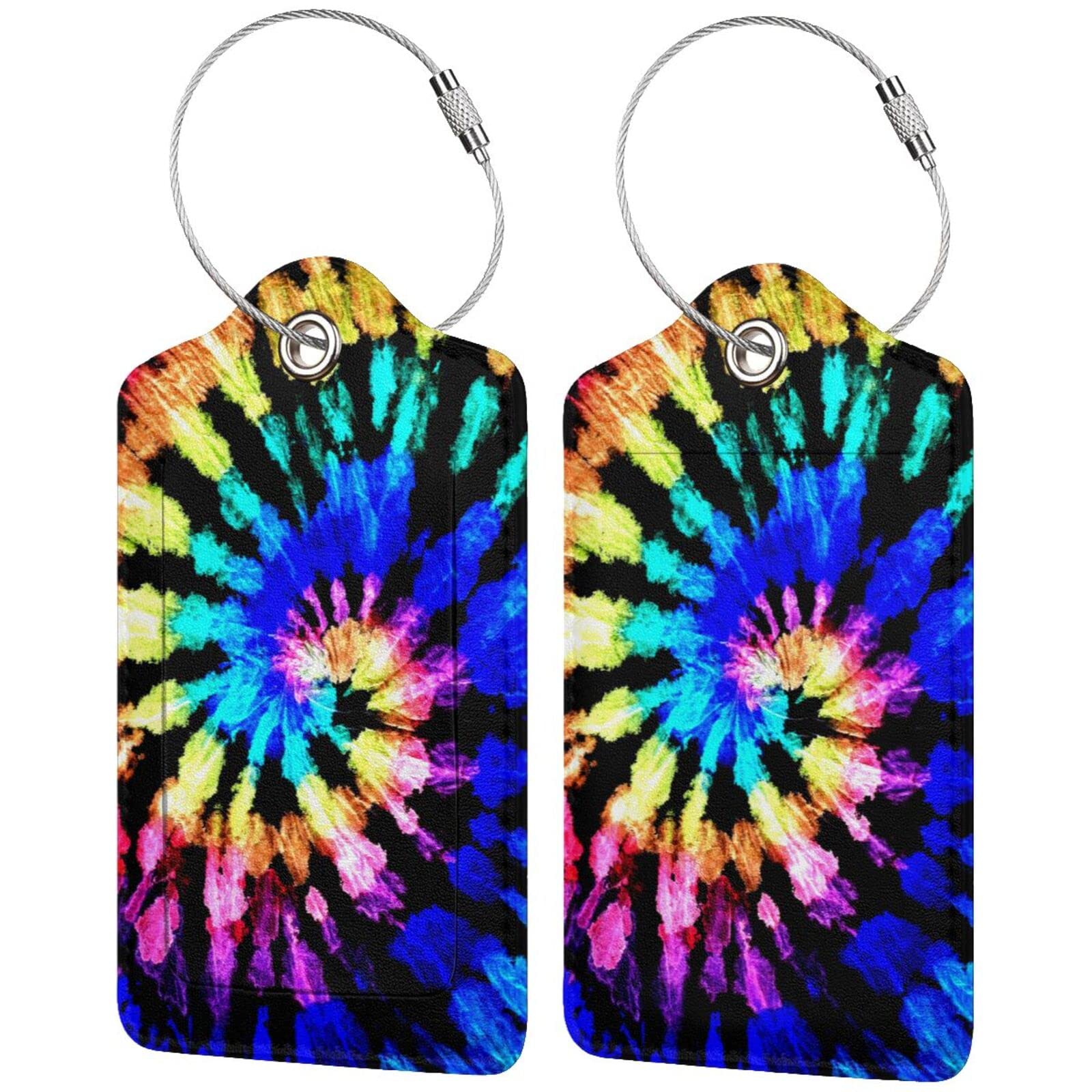 2-Pack Colorful Rainbow Tie Dye Luggage Tags for Suitcases - Leather Travel Bag Tags with Stainless Steel Loop & Privacy Cover - Perfect for Airports, Sports Travel, Teens & Adults (Girls & Boys) - Ideal for Vacation, Business Trips & Backpacking Accessories