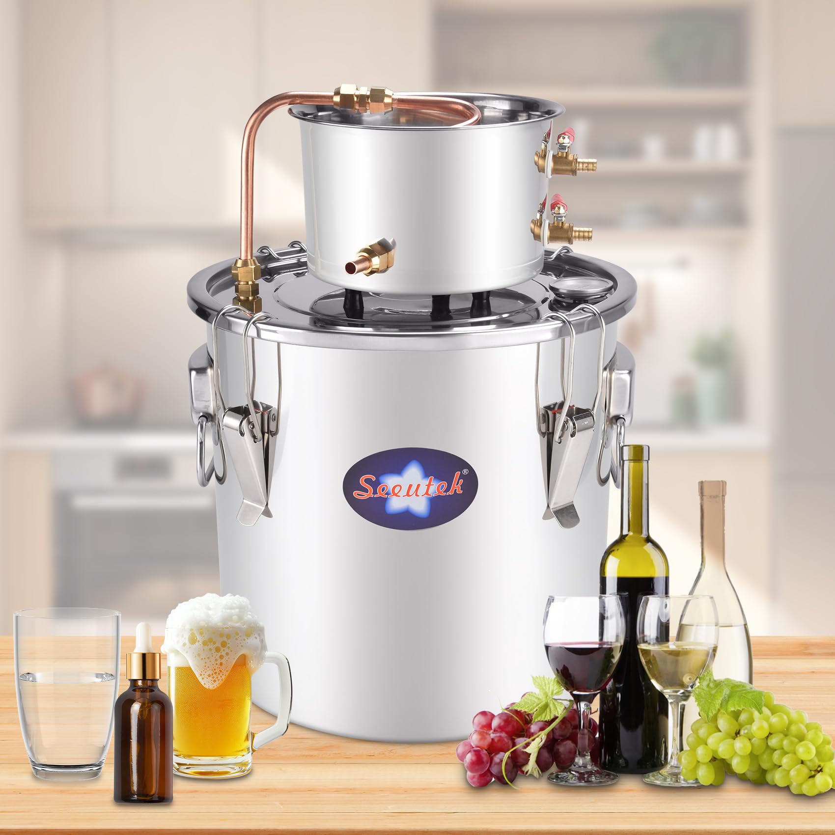 Seeutek 3 Gallon (12L) Alcohol Still Distiller Kit with Circulating Pump, Copper Tube & Dual Display Thermometer - Home Brewing Equipment for Whisky, Wine Making & Essential Oil Extraction | Perfect for DIY Spirits, Moonshine & Craft Distilling at Home