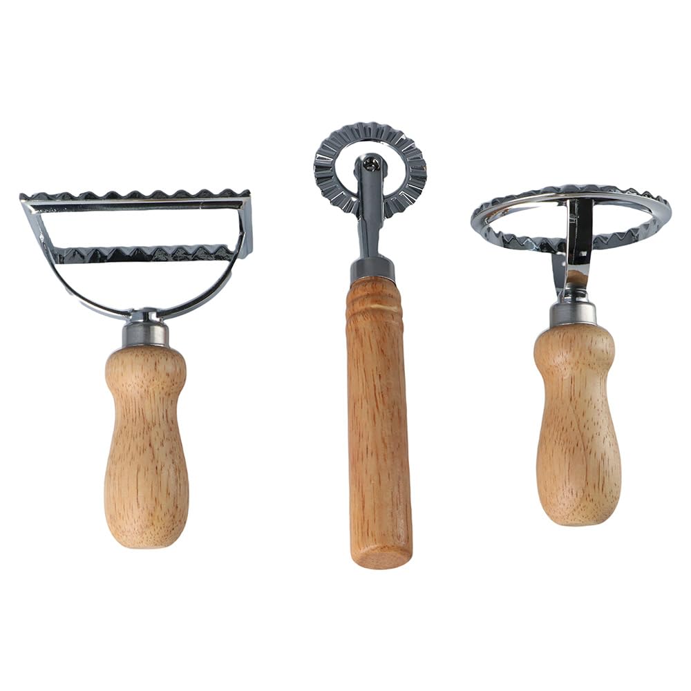 3PCS Ravioli Maker Stamp Cutter with Roller Wheel Set - Wooden Handle Pasta Mold with Fluted Edge for Homemade Dumplings, Biscuits & Italian Cuisine | Perfect for Kitchen, Cooking Enthusiasts & Gift Giving