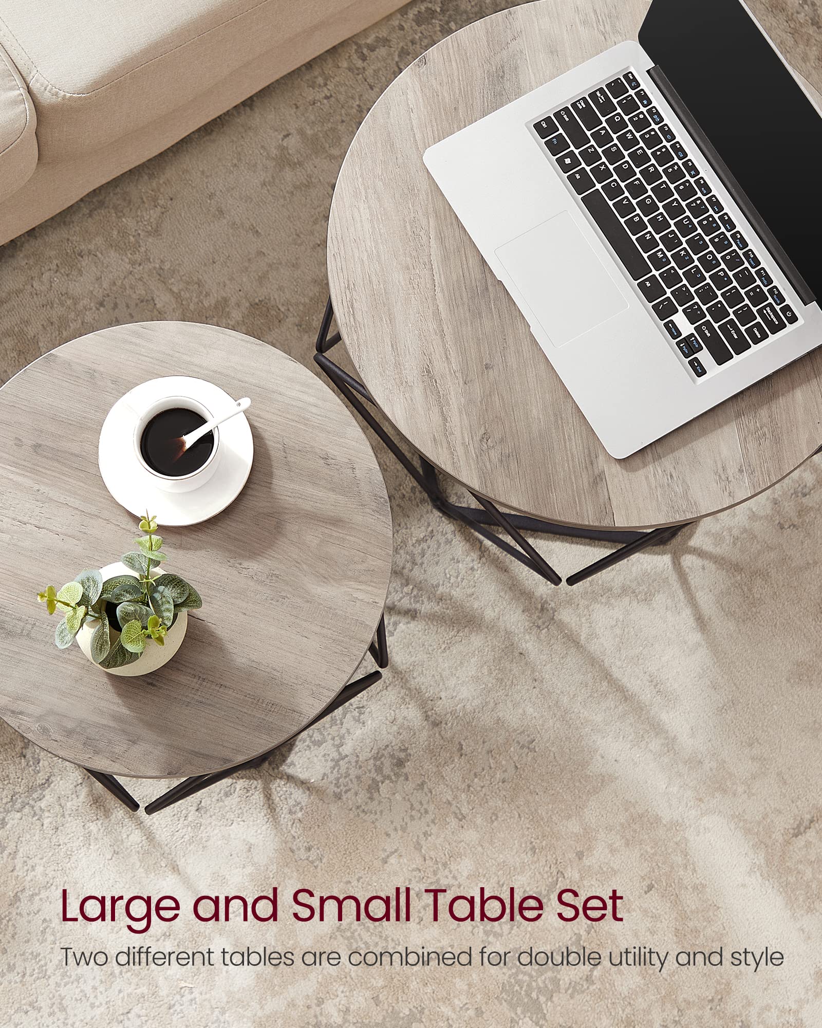 VASAGLE 2-Piece Round Coffee Table Set with Sturdy Steel Frame - Modern Side End Table for Living Room, Bedroom & Office - Greige & Ink Black - Perfect for Small Spaces, Home Decor & Coffee Time