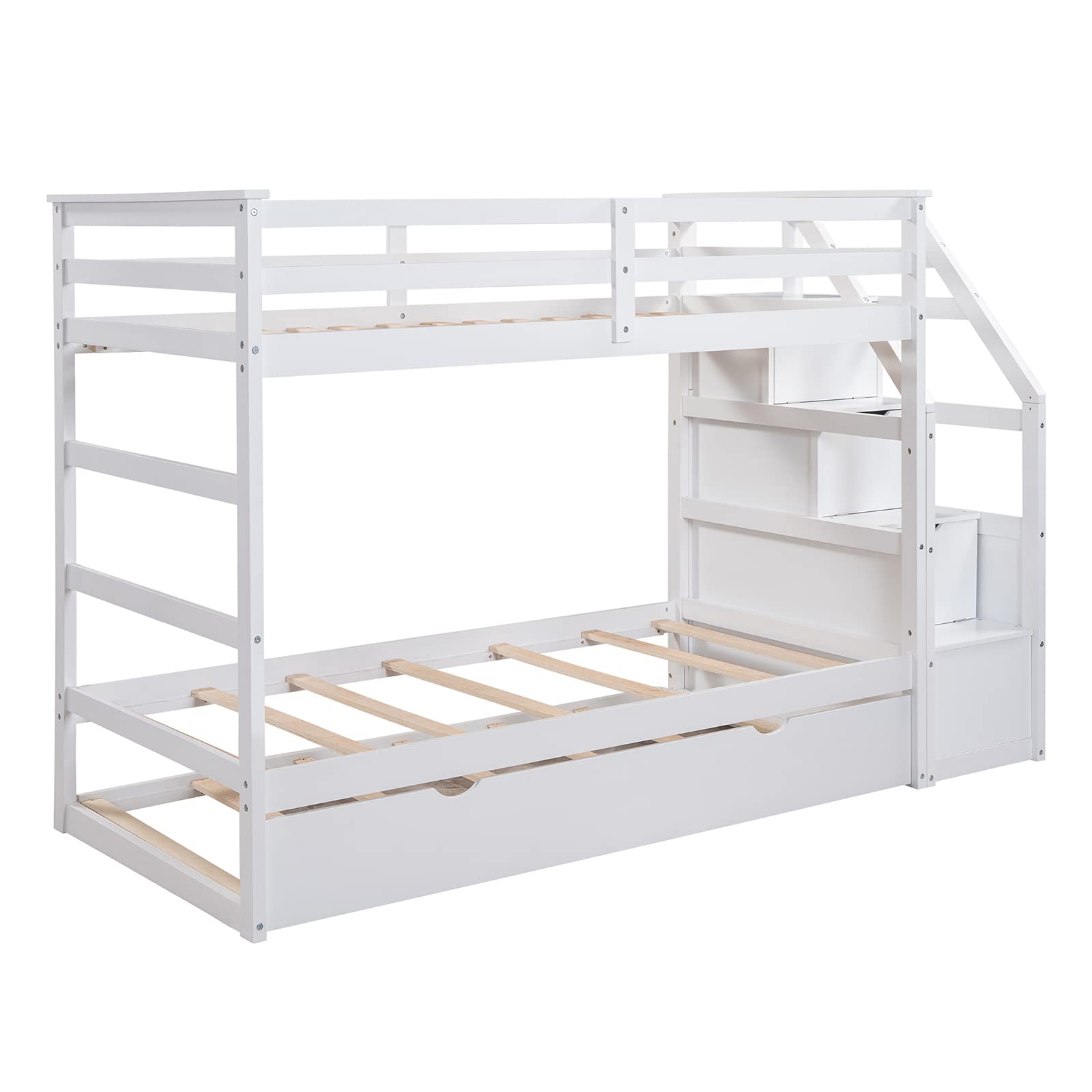 Premium Twin Over Twin Bunk Bed with Trundle & Storage Stairs - Solid Wood Frame, Slat Support & Safety Rail - No Box Spring Needed - Easy Assembly - White - Perfect for Kids' Bedrooms, Guest Rooms & Space-Saving Solutions