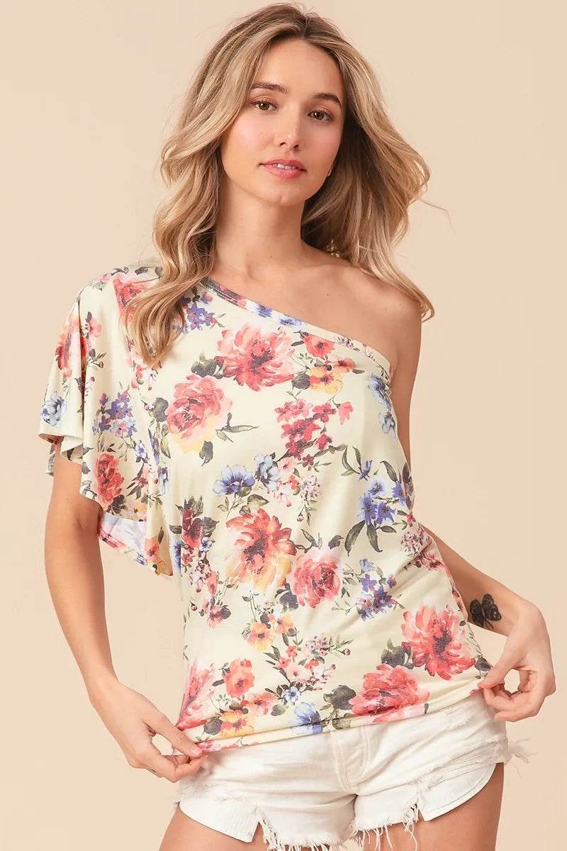 BiBi Floral Printed Jersey Knit Ruffle Sleeve Top for Women | Soft Stretch Casual Blouse | Perfect for Spring Outfits, Date Nights & Office Wear
