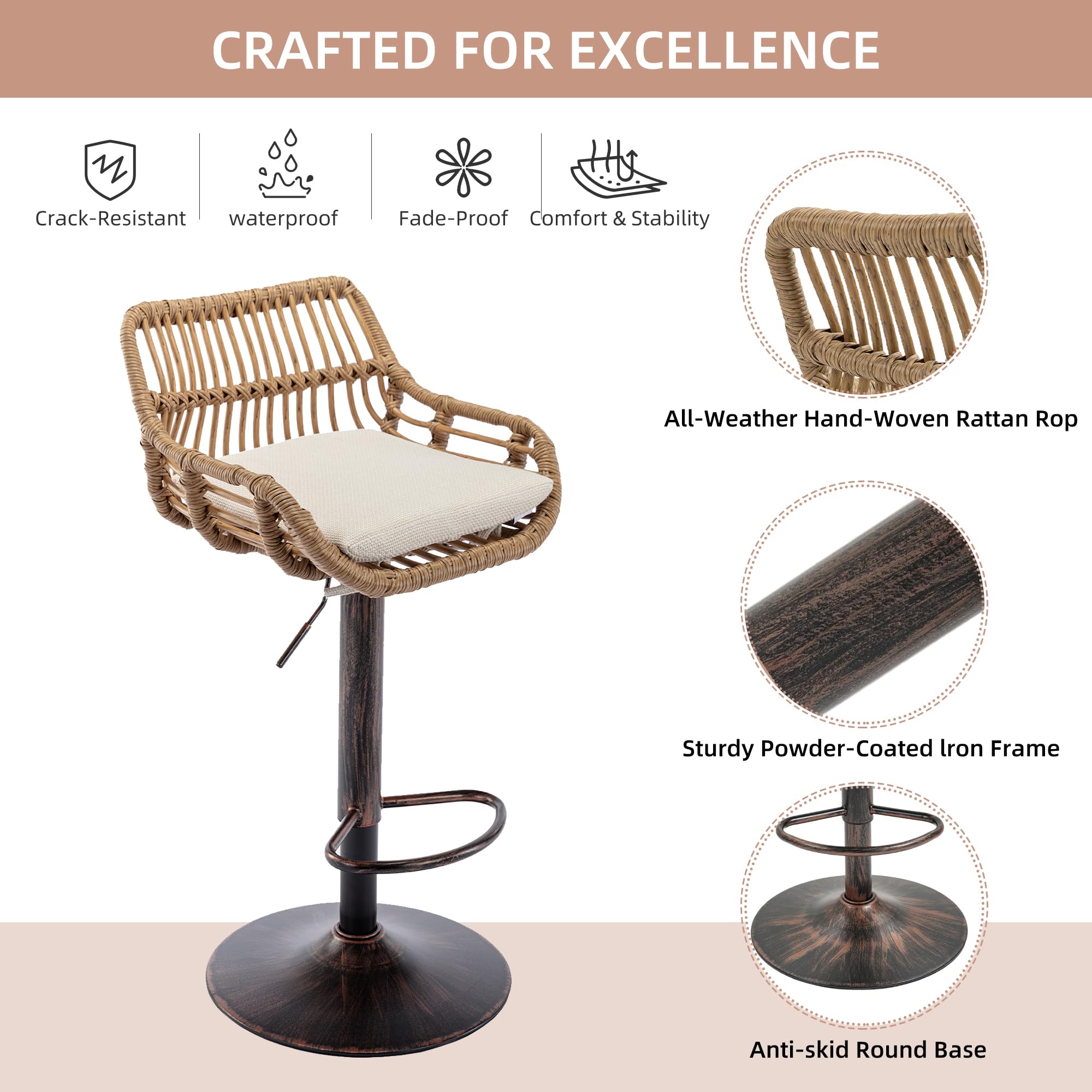 Modern Adjustable Swivel Bar Stools Set of 2 - Counter Height Rattan Bar Chairs with Back, Cushions & Metal Footrest - Beige Pub Stools for Kitchen, Bar, Dining Room & Outdoor Patio - Perfect for Entertaining, Casual Dining and Home Decor