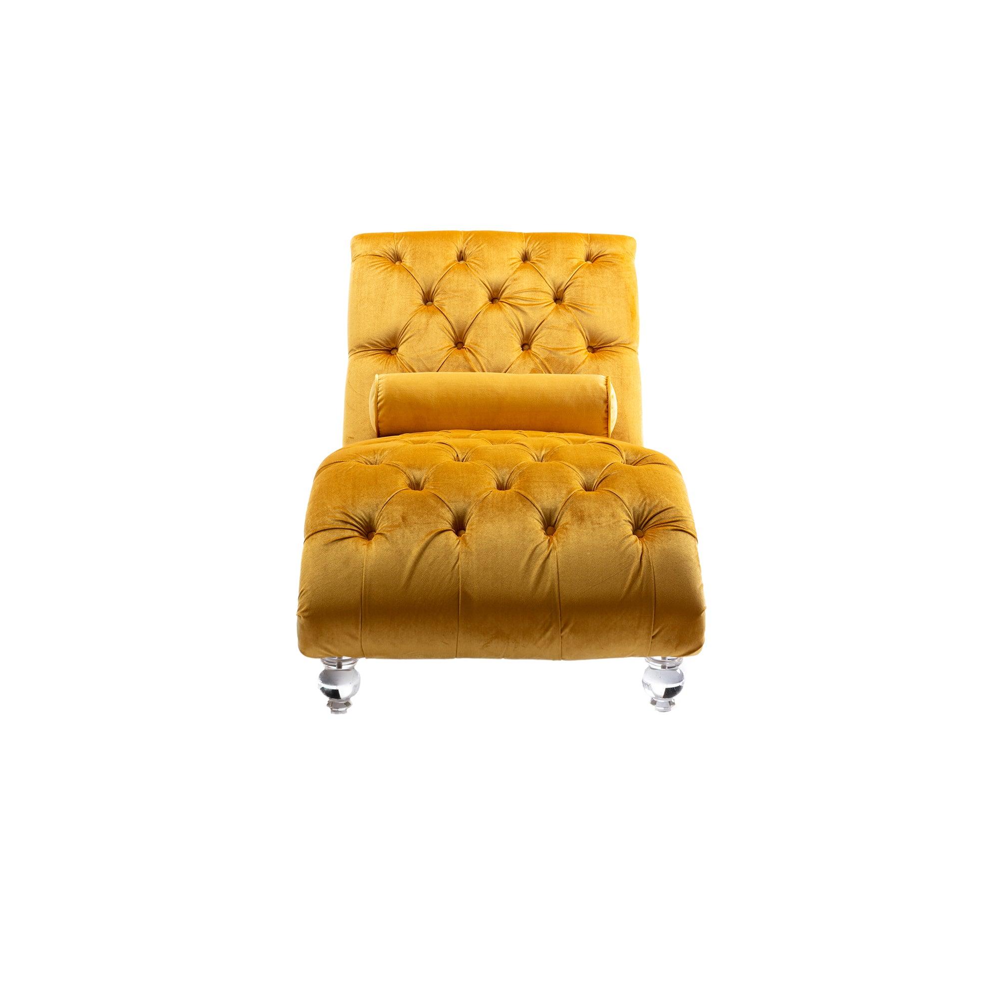 COOMORE Velvet Chaise Lounge Chair - Button Tufted Upholstered Sofa with Pillow, Mustard Velvet for Bedroom, Living Room & Office | Perfect for Reading Nook, Lounge Area & Home Decor
