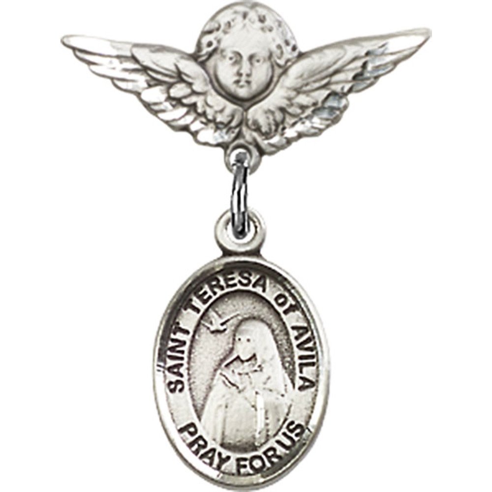 St. Teresa of Avila Sterling Silver Baby Badge with Angel Wing Charm - 7/8