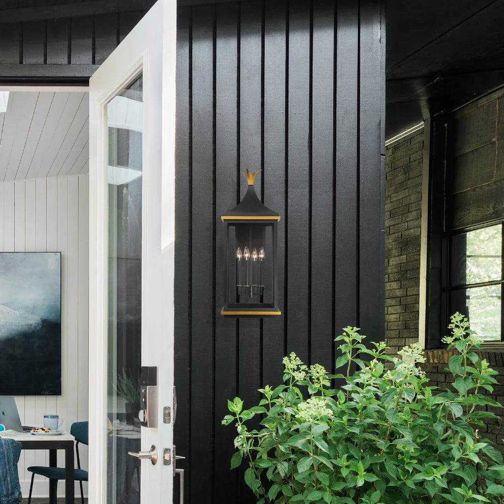 Simpson 4-Light Outdoor Wall Sconce - 12.25x31.5 Inch Matte Black Stainless Steel & Glass Fixture with Textured Gold Finish - 120V 4 E12 Candelabra Base LED Bulb Sockets - Perfect for Patio, Garden, Porch, Exterior Walls & Entryway Lighting