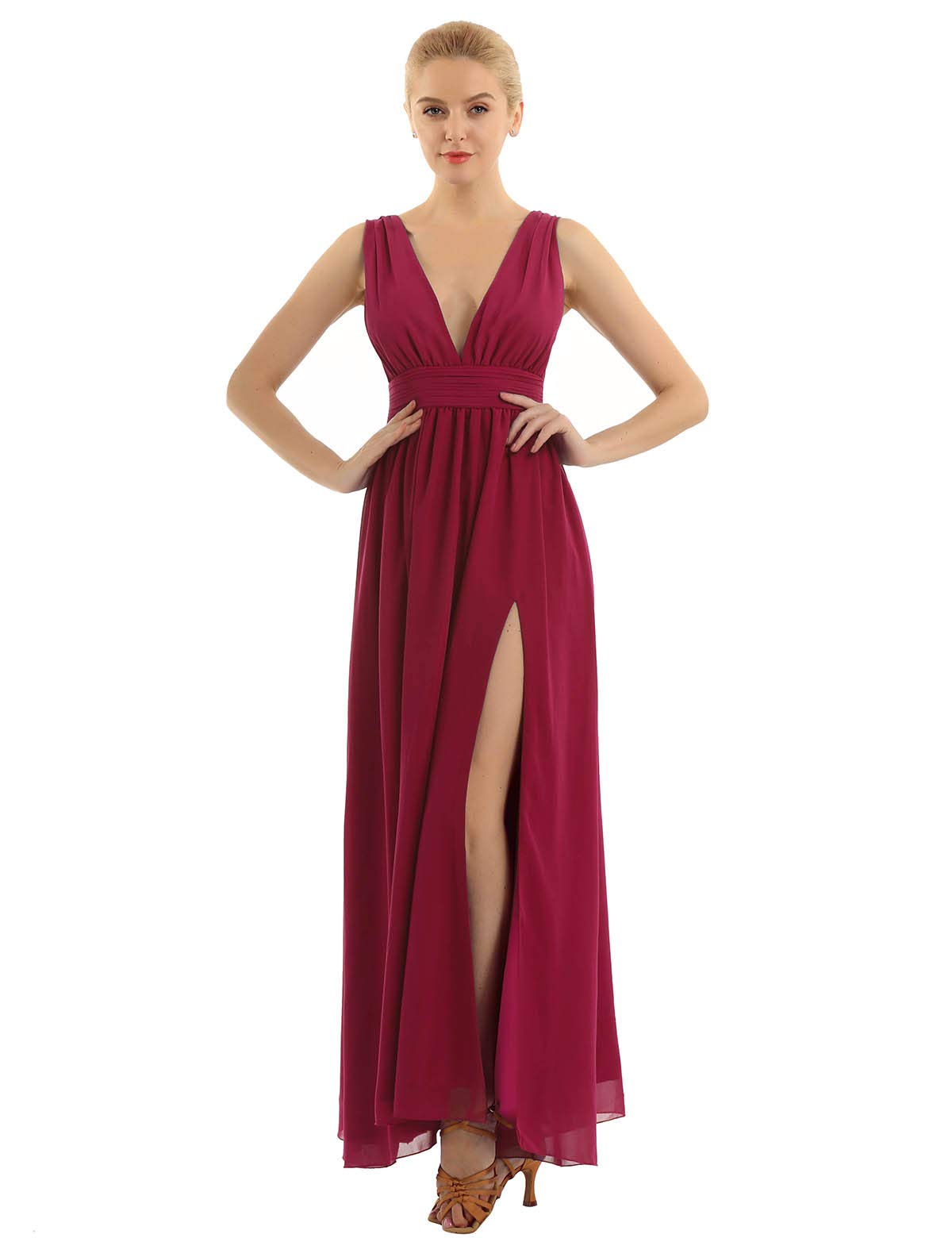Elegant Women's Double V-Neck Chiffon Bridesmaid Dress with High Slit - Perfect for Weddings, Evening Parties & Formal Events