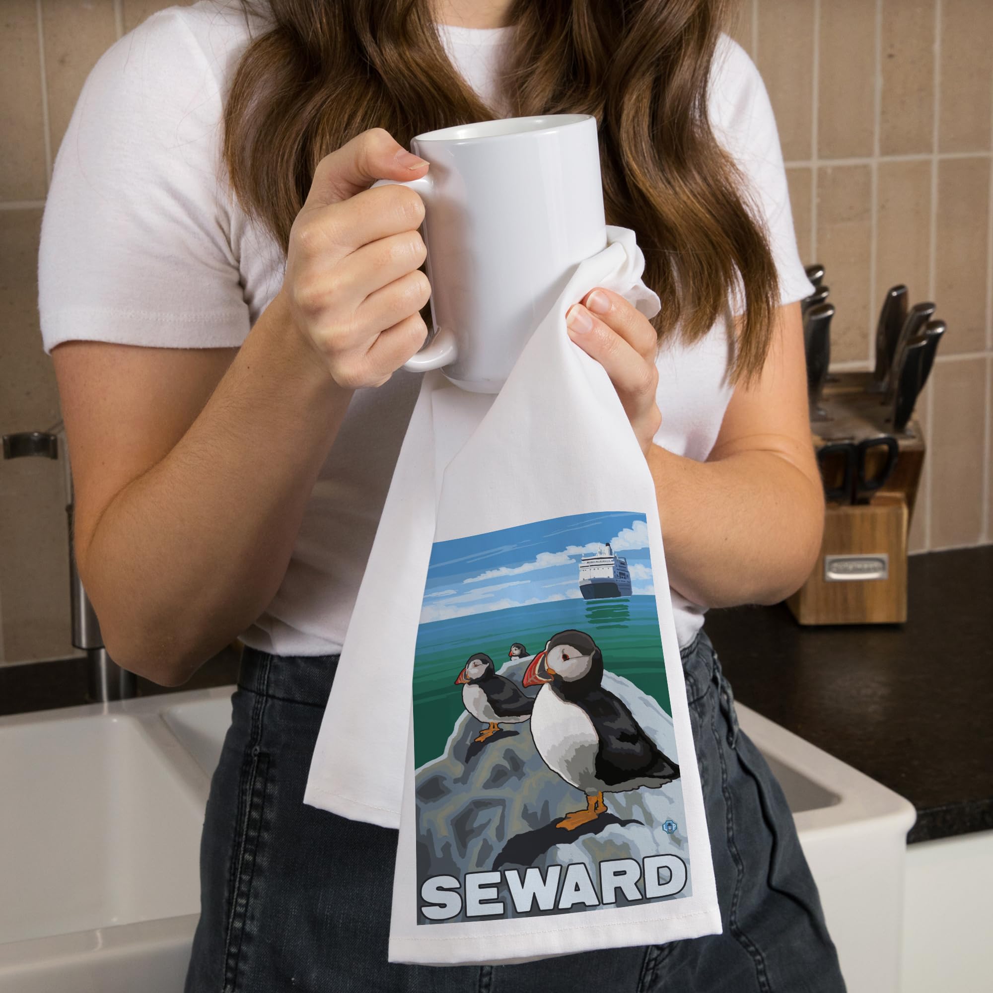 Lantern Press Puffins and Cruise Ship Seward Alaska - 100% Cotton Tea Towel, Decorative Hand Towel for Kitchen & Home - Perfect for Dish Drying, Gift Giving, and Coastal Decor