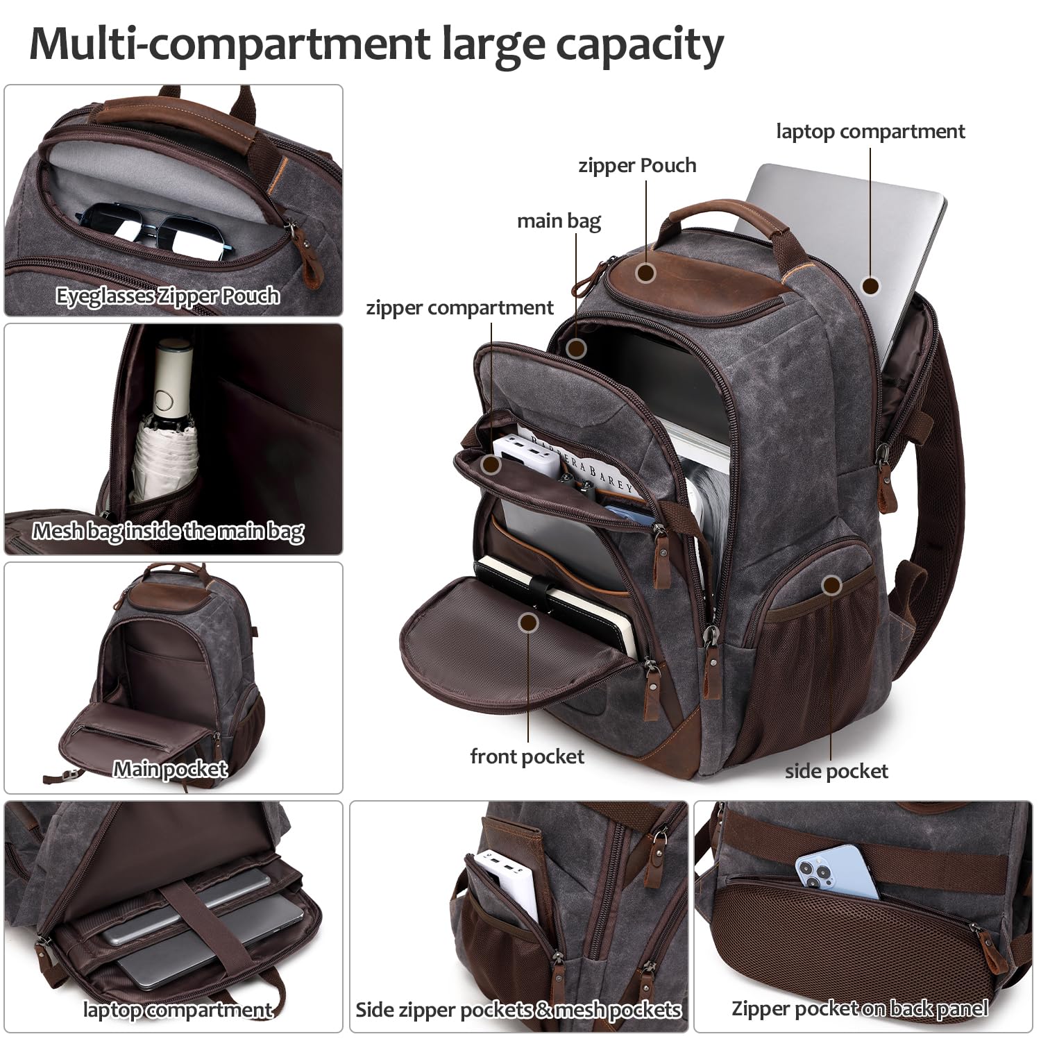 17.3 Inch Travel Laptop Backpack for Men - Waxed Canvas XL Computer Backpack, Durable College Daypack & Business Backpack in Black & Gray, Ideal for Work, School & Outdoor Adventures