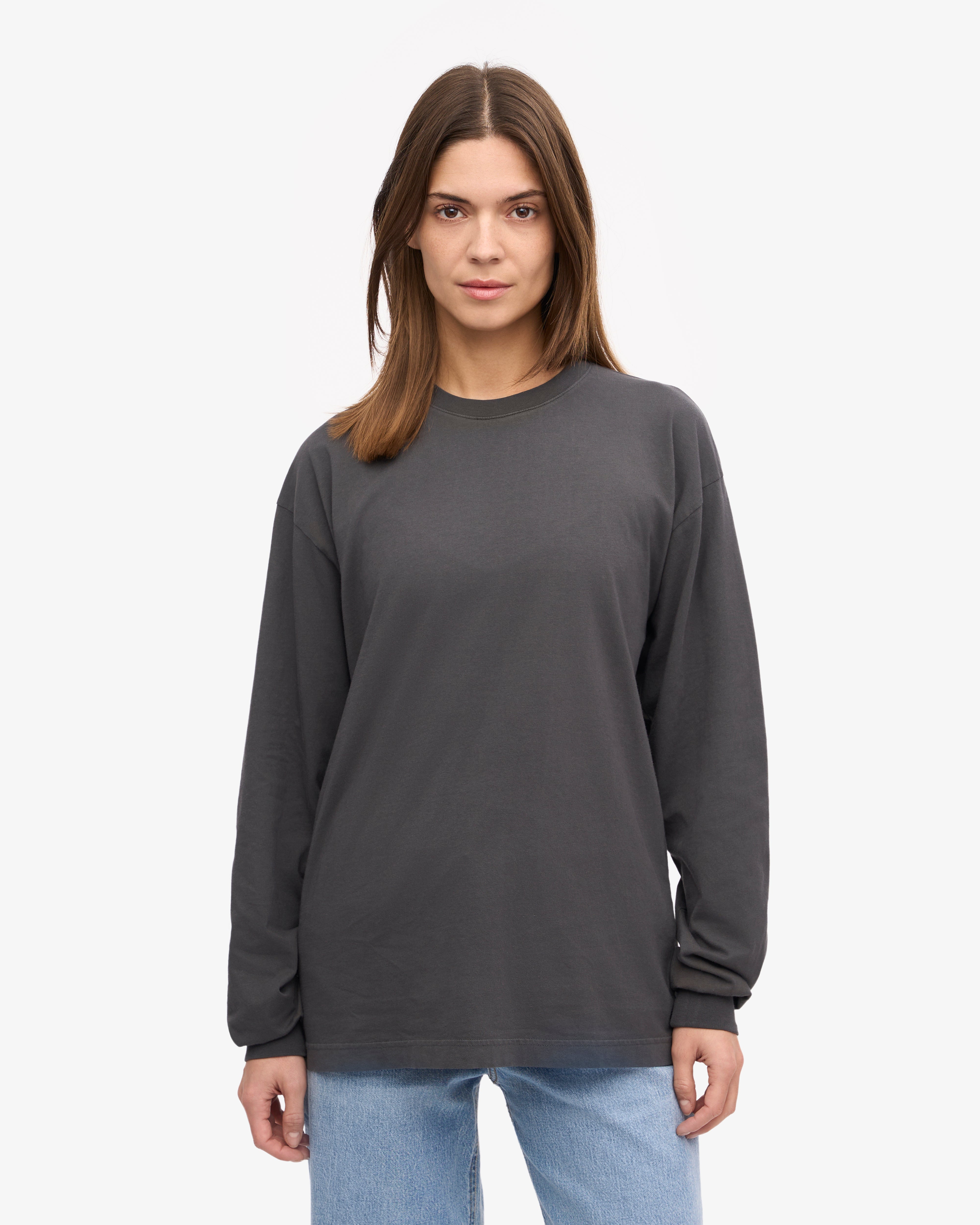 Organic Oversized Long Sleeve T-Shirt for Women - Soft Lava Grey Cotton Tee - Comfortable Loungewear & Casual Everyday Wear