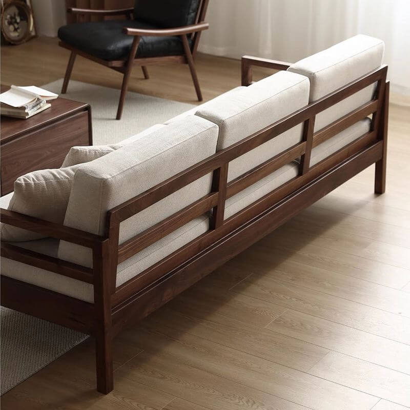 Vintage Style Off White Sofa Couch with Walnut Wood Frame and Removable Cushions - Comfortable Living Room Furniture for Relaxing & Entertaining Guests