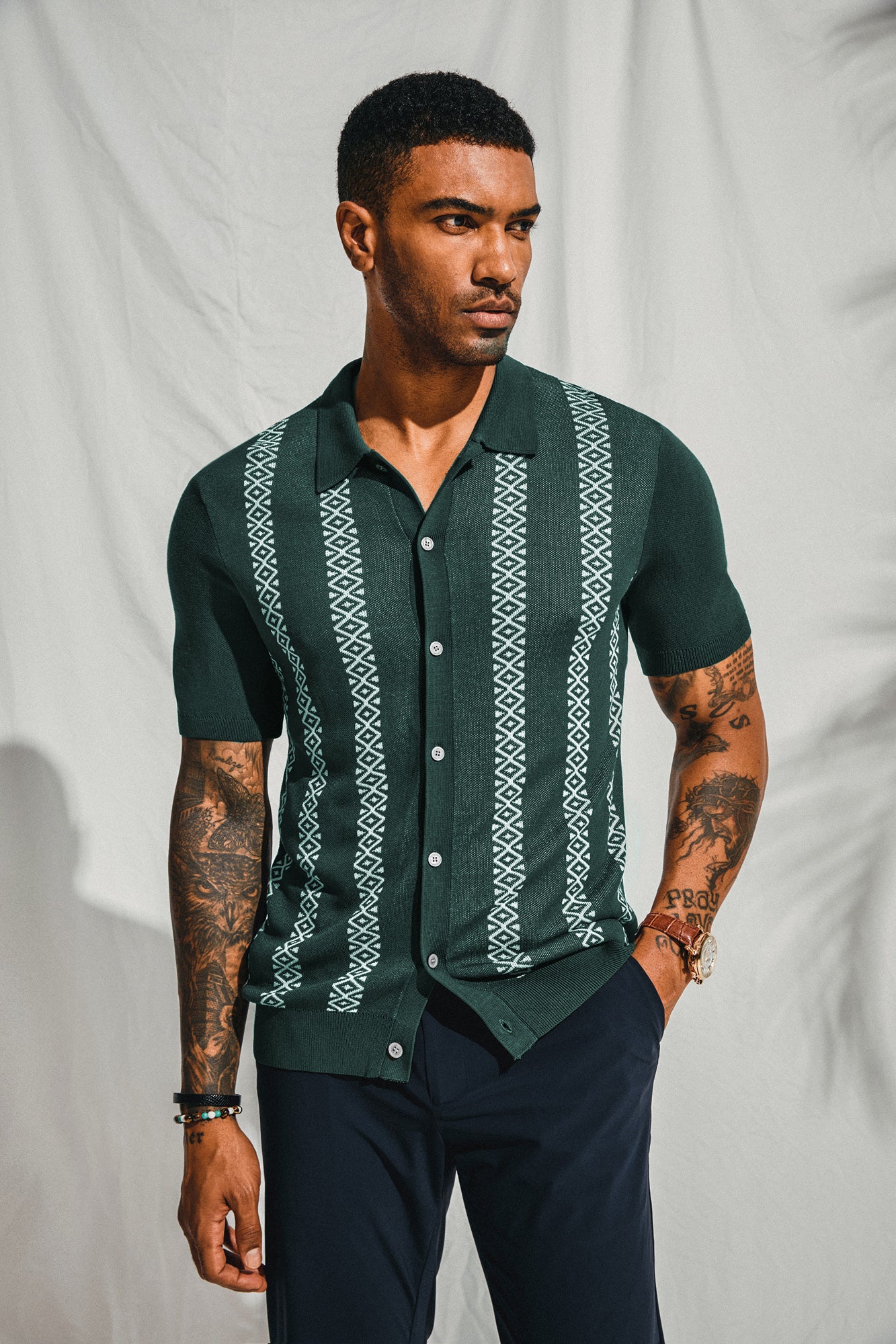 Vintage Men's Polo Short Sleeve Shirt - Geometric Striped Knit Casual Top for Summer Outings & Beach Wear