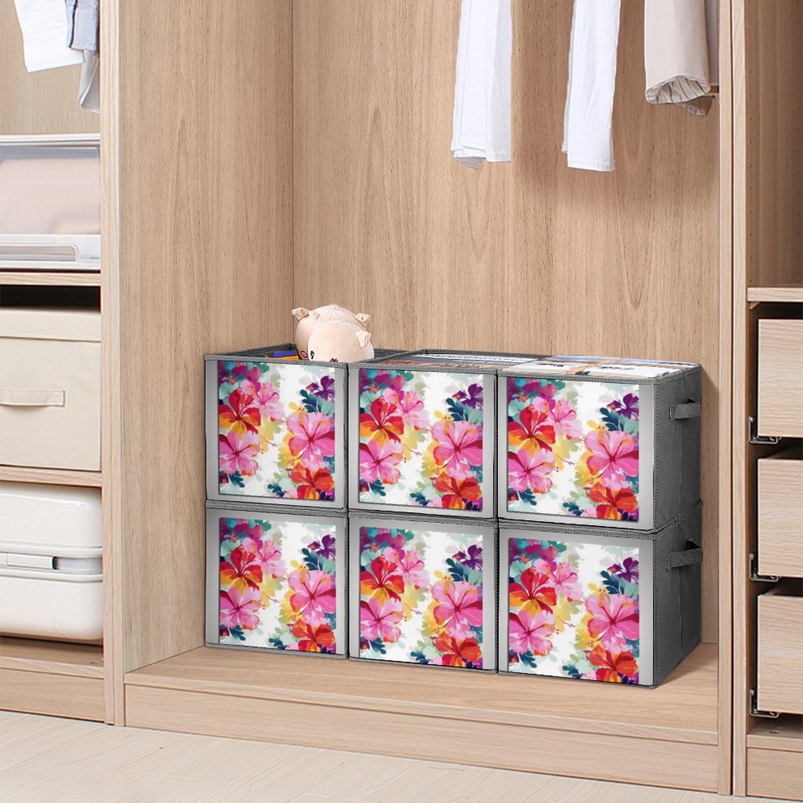 6-Pack Hawaiian Flower Print Collapsible Storage Bins with Handles - Large Closet Organizer Baskets for Clothing, Toys & Home Organization | Perfect for Bedroom, Nursery & Dorm Storage Solutions