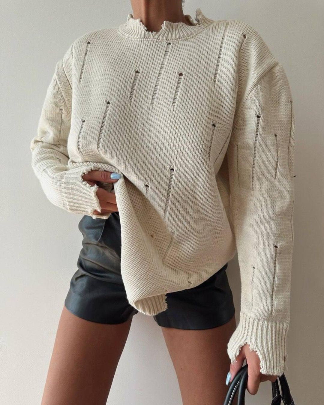 New Autumn Loose Pullover Top Frayed Round Neck Sweater 1895 | Women's Casual Knitwear for Fall & Winter | Perfect for Office, Date Night & Weekend Outfits