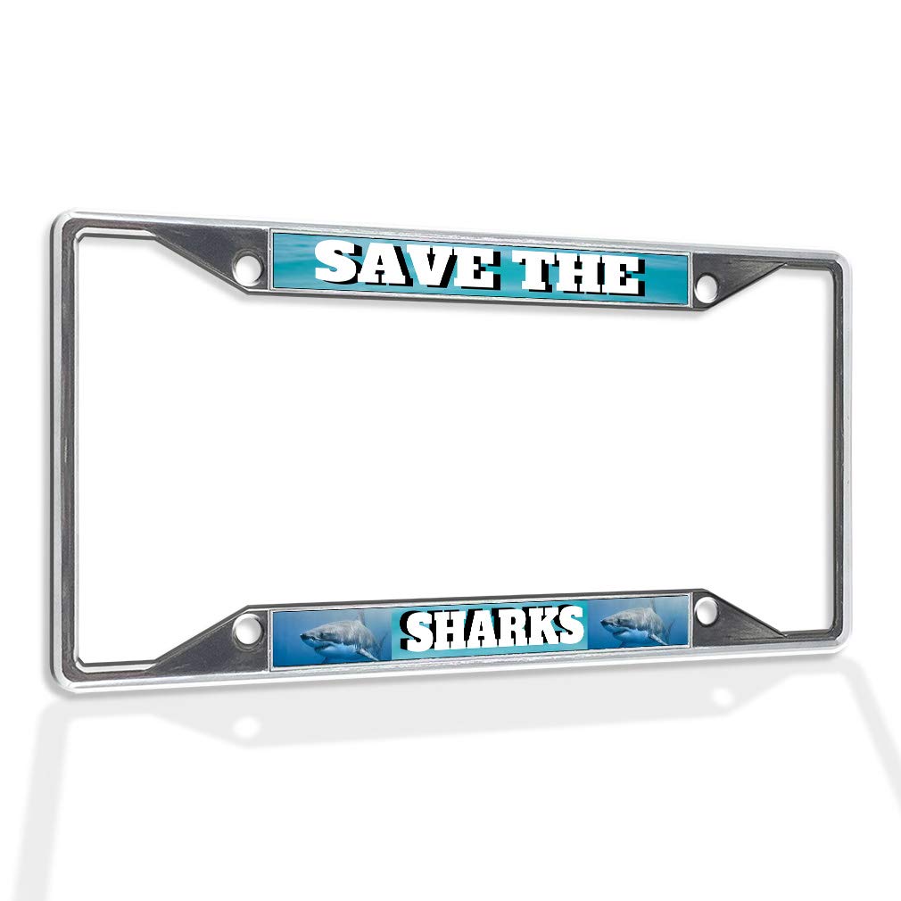 Save The Sharks Metal Insert License Plate Frame - Weatherproof Chrome Car Accessories with 4 Holes for Secure Installation | Perfect for Marine Conservation Supporters & Car Enthusiasts