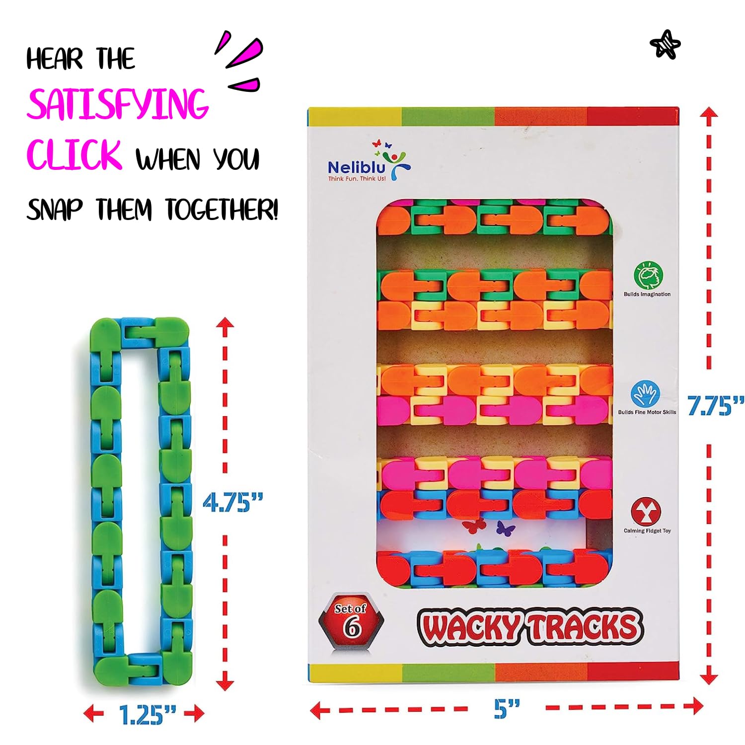 Neliblu Wacky Tracks 6 Pack Sensory Fidget Toys - Snap & Click Fidget Cube Puzzles for ADHD, Autism & Stress Relief - Therapy Sensory Toys for Kids & Adults - Perfect for Classroom, Office & Travel Focus Aid