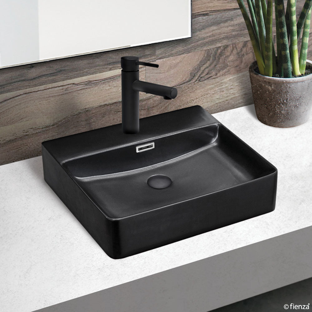 Fienza RB2173B Petra 1-Hole Ceramic Bathroom Sink - Matte Black Countertop Vessel Basin for Modern Vanities & Powder Rooms