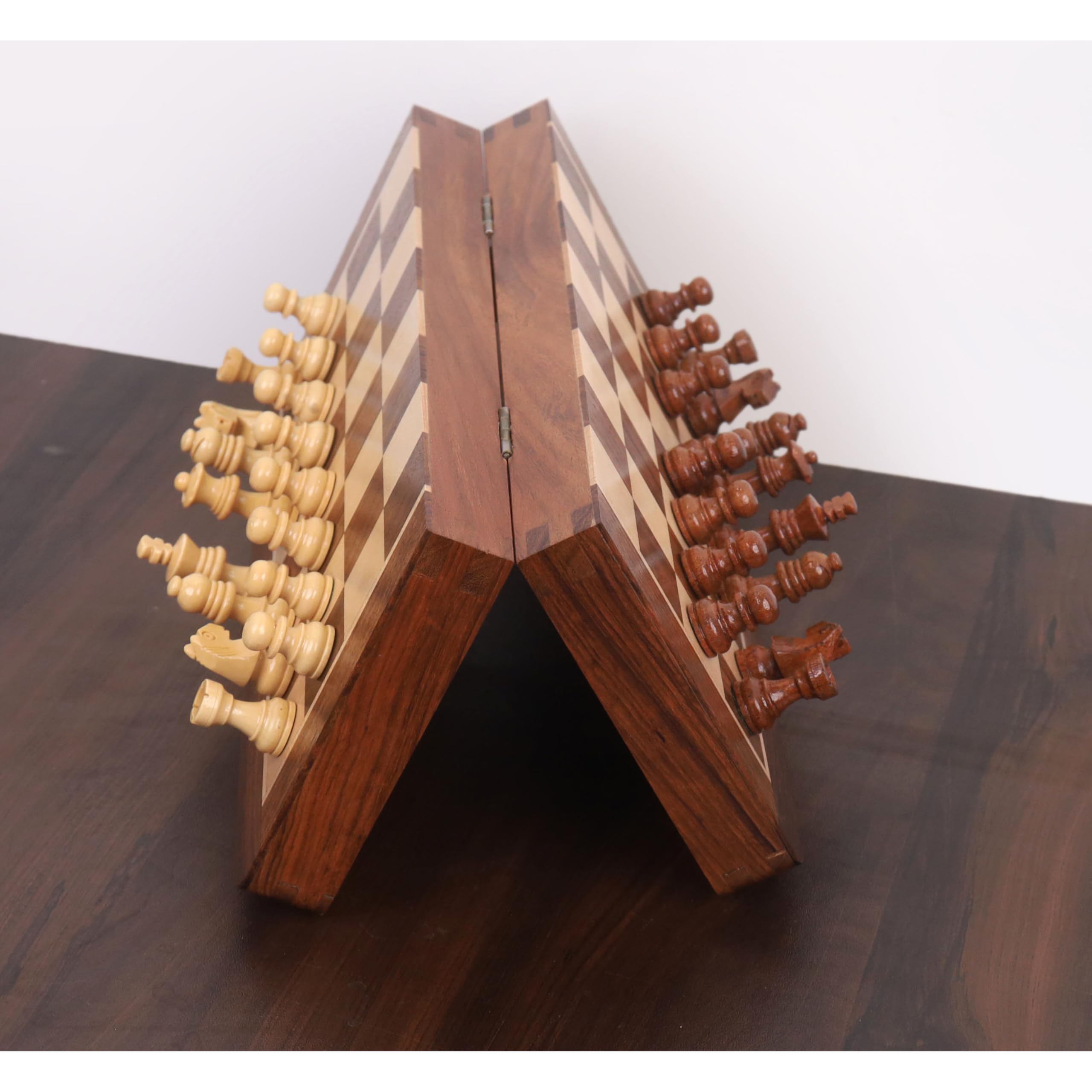 RoyalChessMall - 2-in-1 Magnetic Travel Chess & Backgammon Set | 10 Inch Golden Rosewood Board | Portable Game Set for Camping, Travel & Family Game Night