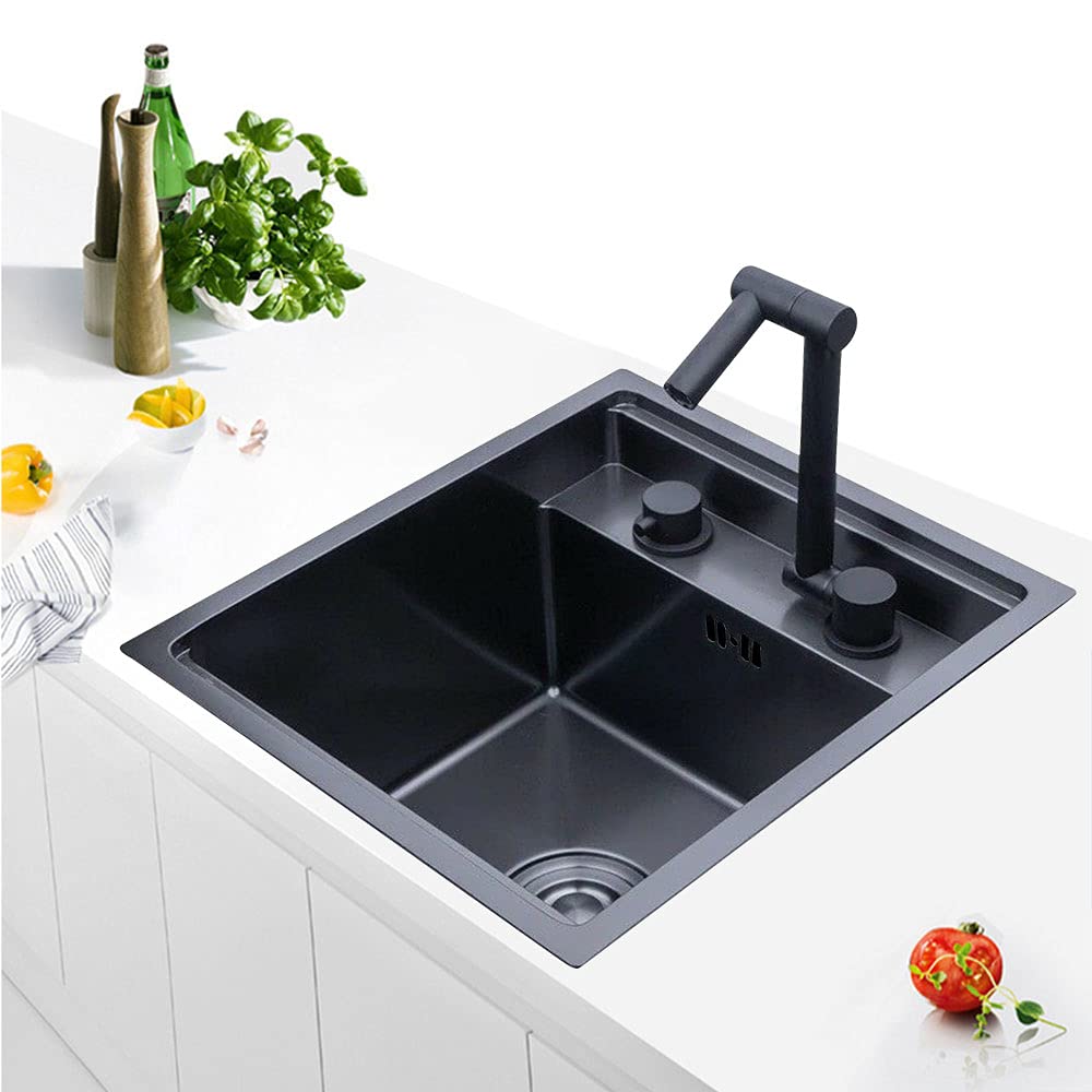 TFCFL 15.28 x 13.7 Inch Stainless Steel Black Drop-in Kitchen Sink with Faucet, Single Bowl with Cover, Perfect for Modern Small Kitchens and Compact Spaces