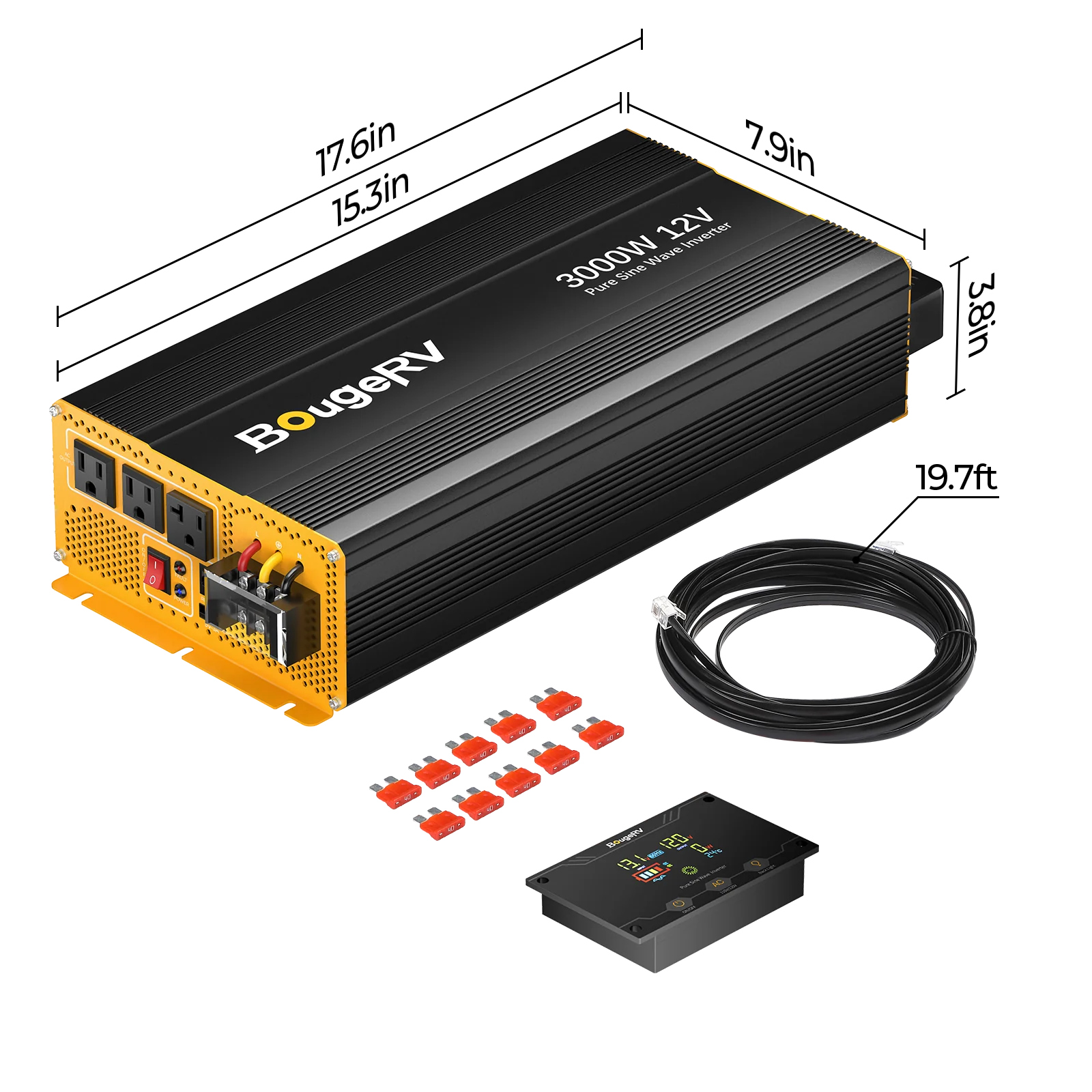 BougeRV 3000W 12V Pure Sine Wave Power Inverter with Bluetooth for RV, Camping, Off-Grid Solar System & Home Backup Power