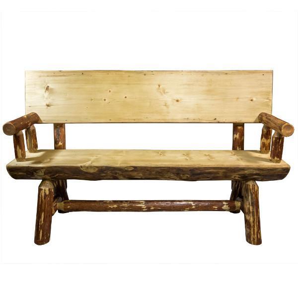 Glacier Country Half Log Bench with Back & Arms - Rustic Outdoor Wooden Seating for Garden, Patio & Backyard Relaxation