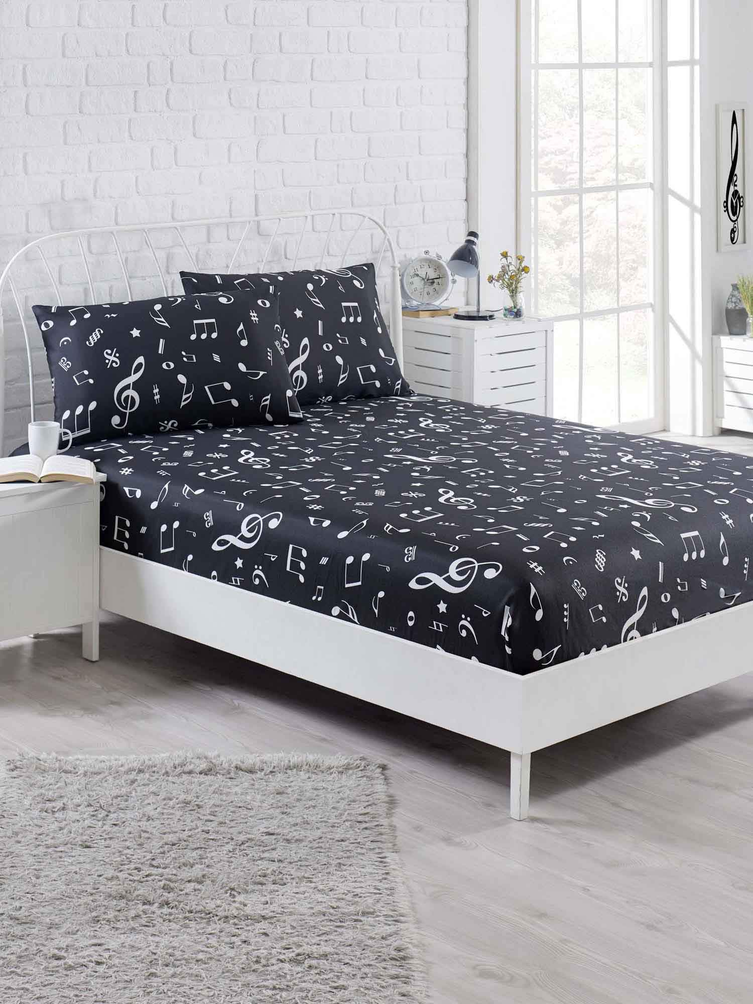 Melody Note Music Bedding Set - Black & White Reversible Duvet Cover with Fitted Sheets (Full/Queen Size, 7-Piece) - Perfect for Musicians, Music Lovers & Themed Bedrooms