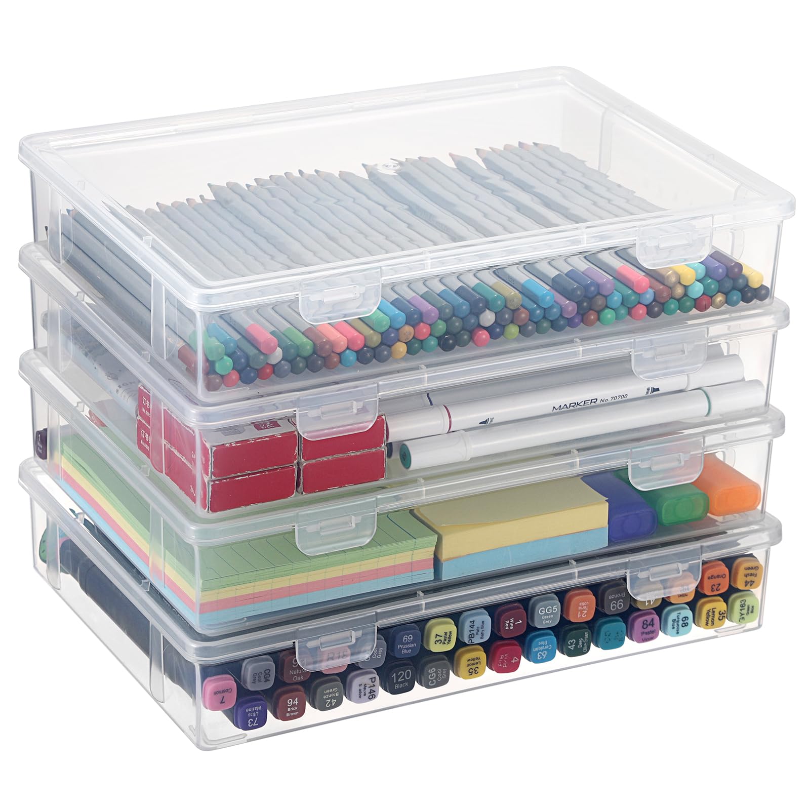 BTSKY 4-Pack Medium Clear Plastic Storage Box with Flap Lid - Multipurpose Organizer for Crafts, Art Supplies, Sewing, Beads, Pencils & Notebooks | Perfect for Home, Office & Classroom Organization