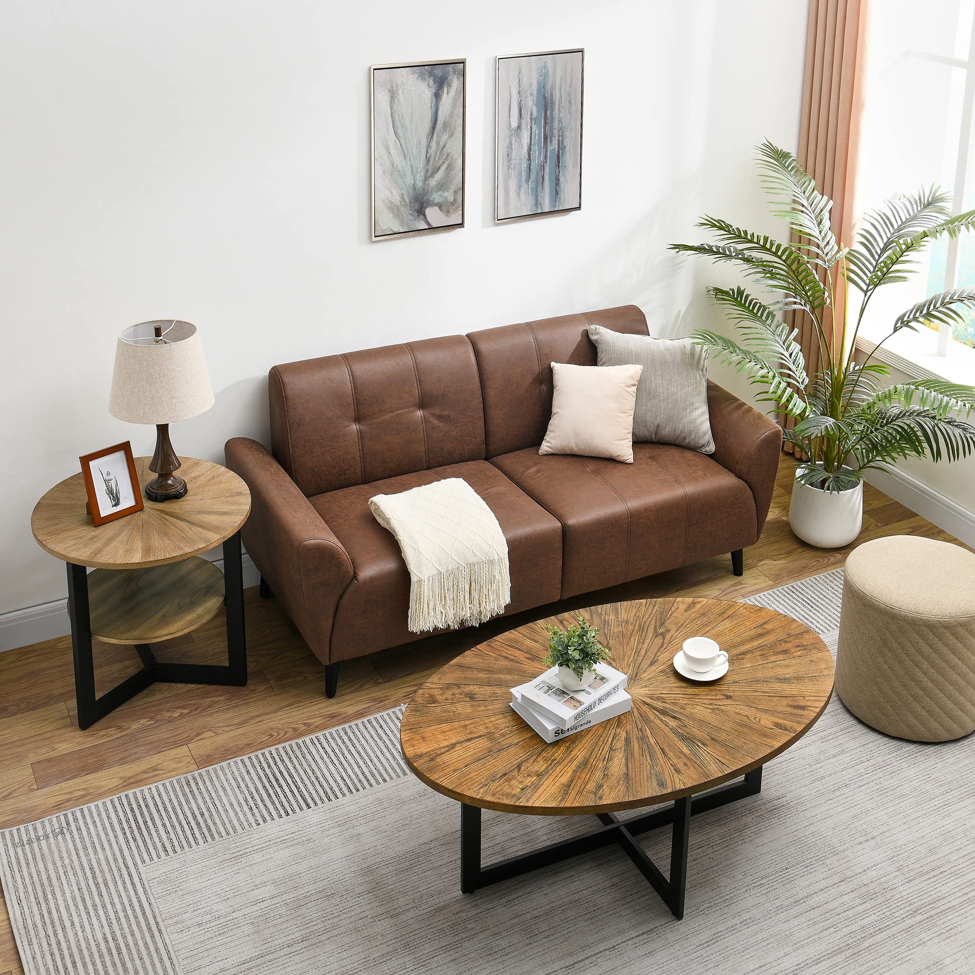 Solid Wood Oval Coffee Table with Cross Metal Legs - 47.9