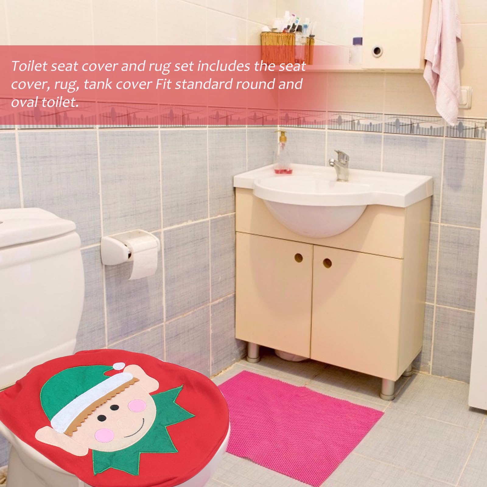 3-Piece Christmas Toilet Cover and Bathroom Rug Set - Funny Elf Design Holiday Decor with Toilet Lid Cover, Floor Mat & Tank Cover - Perfect for Home, Hotel & Holiday Party Decorations (Festive Bathroom Decor for Christmas Parties & Family Gatherings)