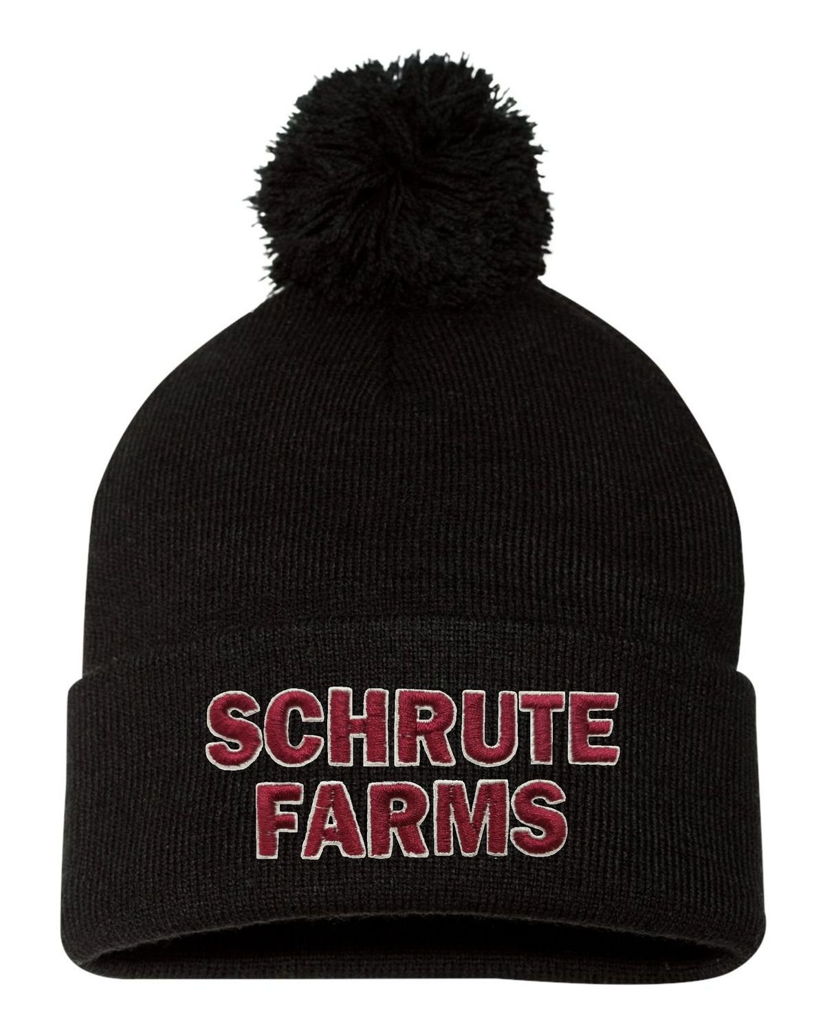 Schrute Farms Embroidered Knit Beanie with Pom - Warm Winter Hat for Men & Women - Perfect for Outdoor Activities, Skiing, and Casual Wear