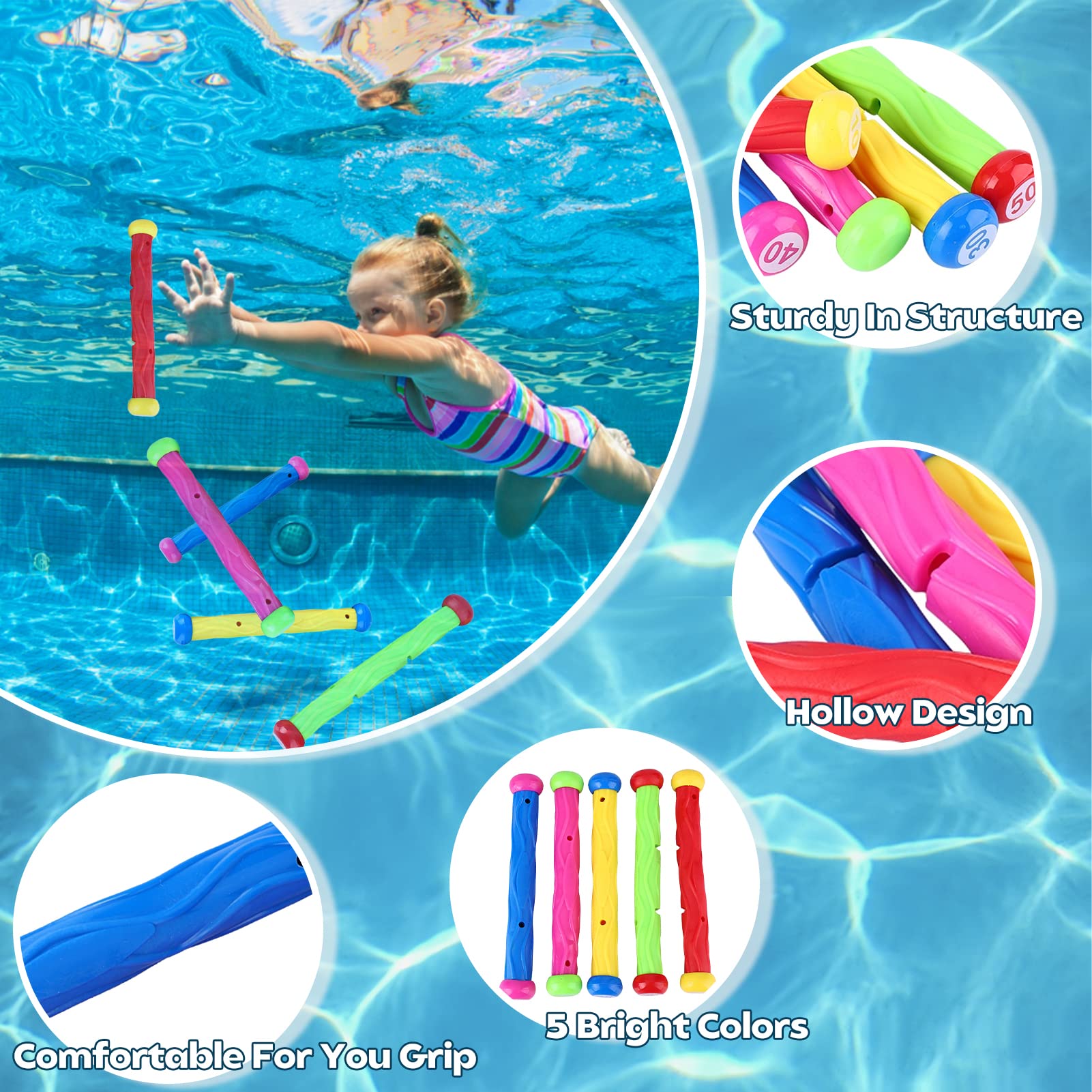 Bright PVC Pool Diving Sticks for Kids & Teens - Underwater Swimming Training Toys, Colorful Floating Pool Party Games for Summer Fun, Swimming Lessons & Backyard Pool Activities