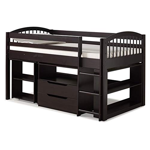 Junior Loft Bed with Storage Drawers, Bookshelf & Desk - Space Saving Kids Study Bed in Espresso Finish | Perfect for Small Bedrooms, Dorm Rooms & Studio Apartments