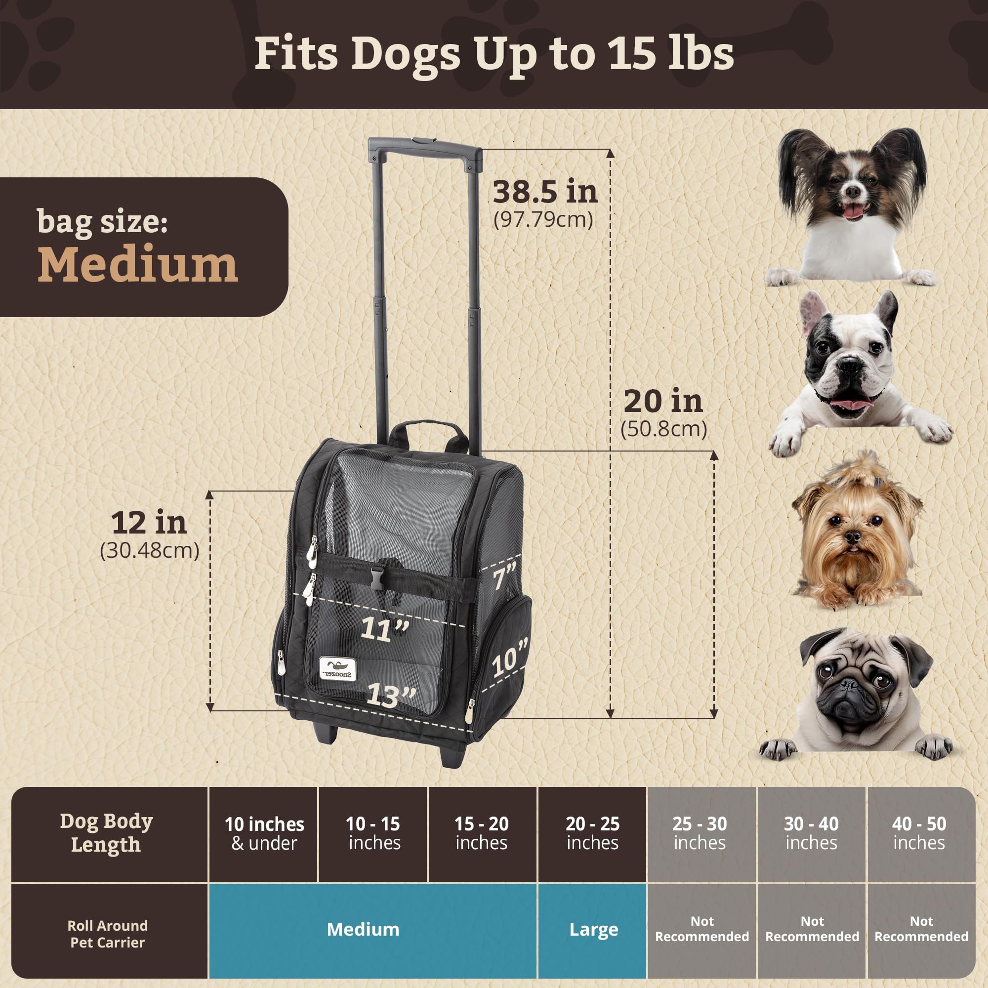 **Snoozer 4-in-1 Roll Around Travel Dog & Cat Carrier Backpack with Wheels - Convertible Pet Stroller, Travel Bag for Small Pets Up to 15 lbs (Black, Medium) - Perfect for Air Travel, Hiking & Daily Outings**
