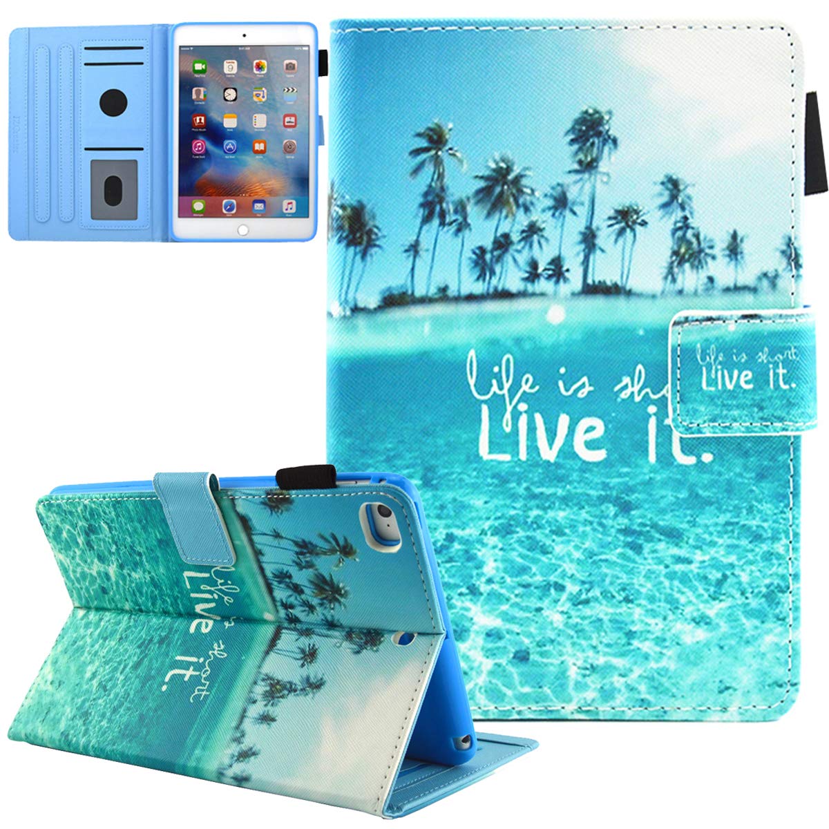 JZCreater Premium PU Leather Wallet Case for iPad 9.7 (2017/2018), iPad Air 2 & iPad Air - Flip Stand Cover with Auto Sleep/Wake Function | Perfect for Work, Travel & Home Use | Sea Island Design
