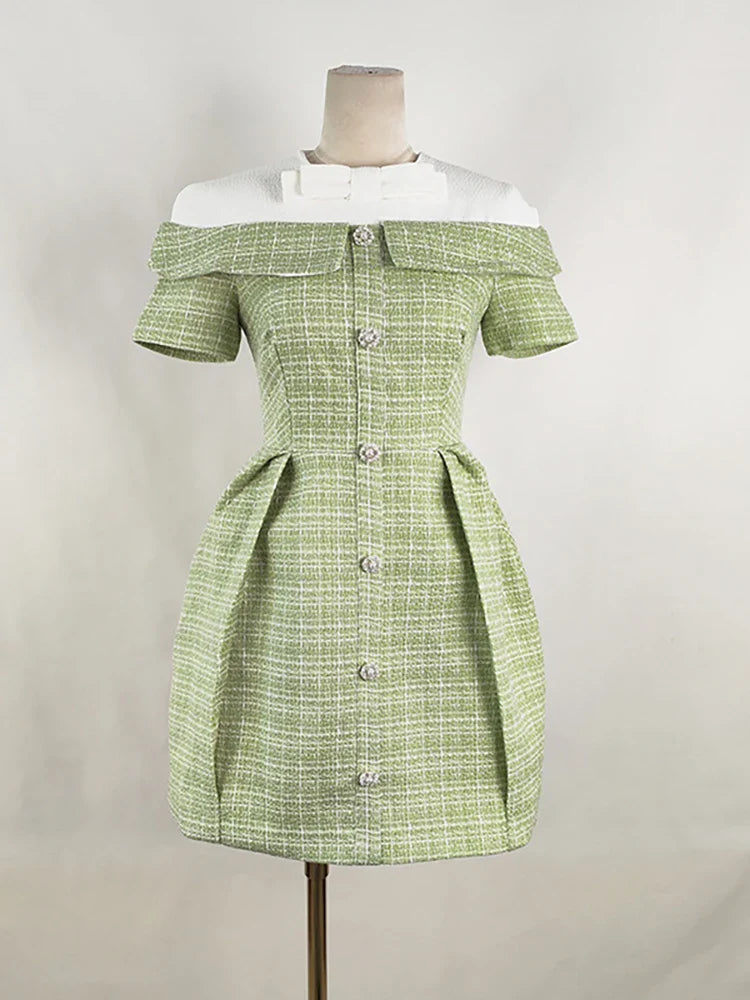 DEAT Women's Patchwork Tweed Dress - Fashion Contrast Color Single Breasted High Waist Elegant Dress for Women | Perfect for Office Wear, Cocktail Parties & Special Occasions