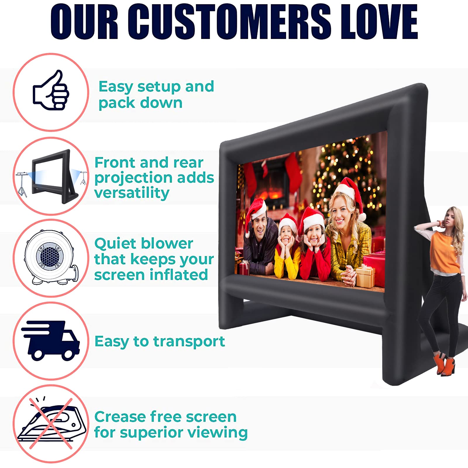 18FT Inflatable Outdoor Movie Screen with Blower, Rope & Tent Stakes - Portable Projection Screen for Backyard, Pool Parties, Camping & Indoor Movie Nights - HD White Surface for Day & Night Viewing