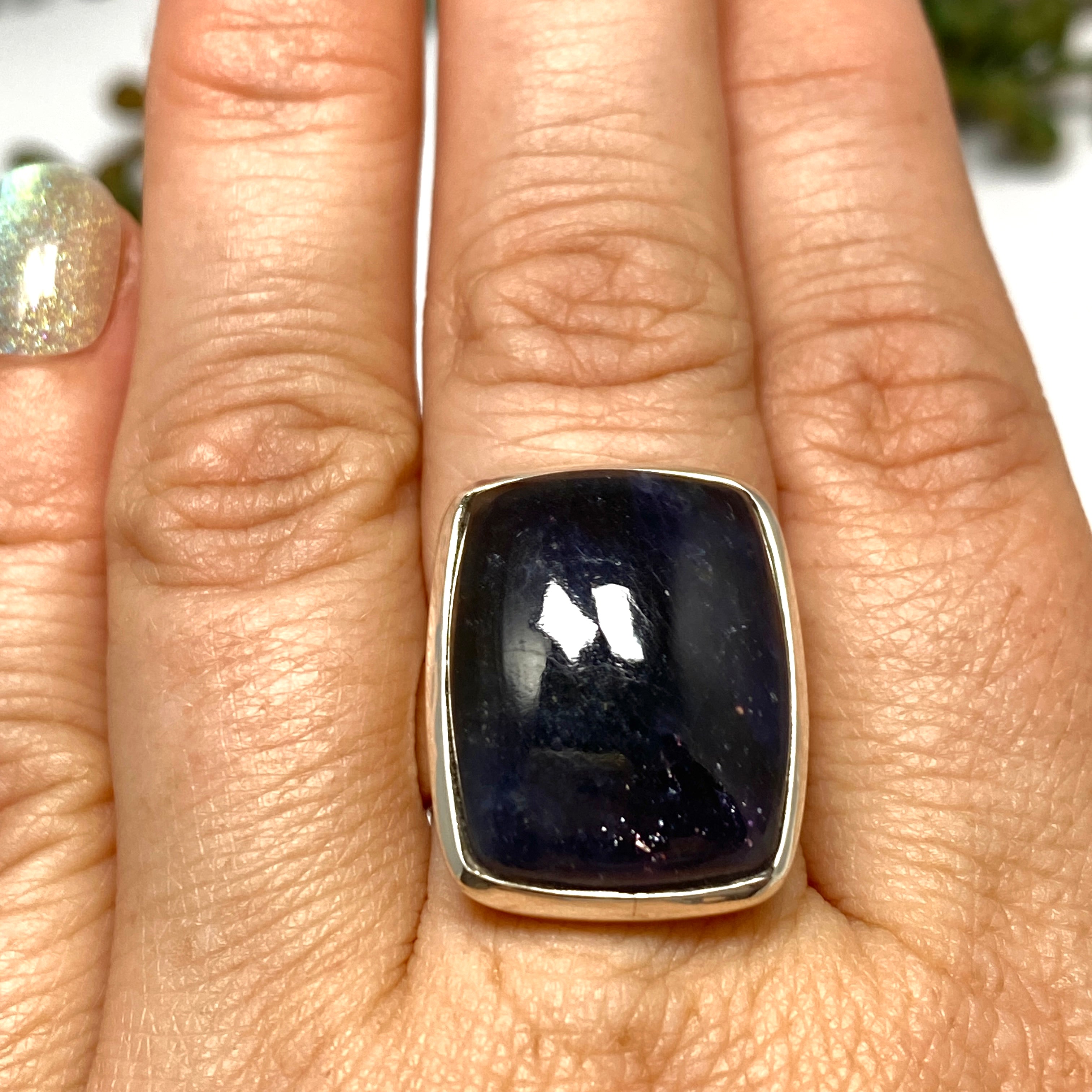 Iolite Sunstone Rectangular Cabochon Ring - Size 8 - Handmade Sterling Silver Jewelry - Perfect for Weddings, Parties & Everyday Wear