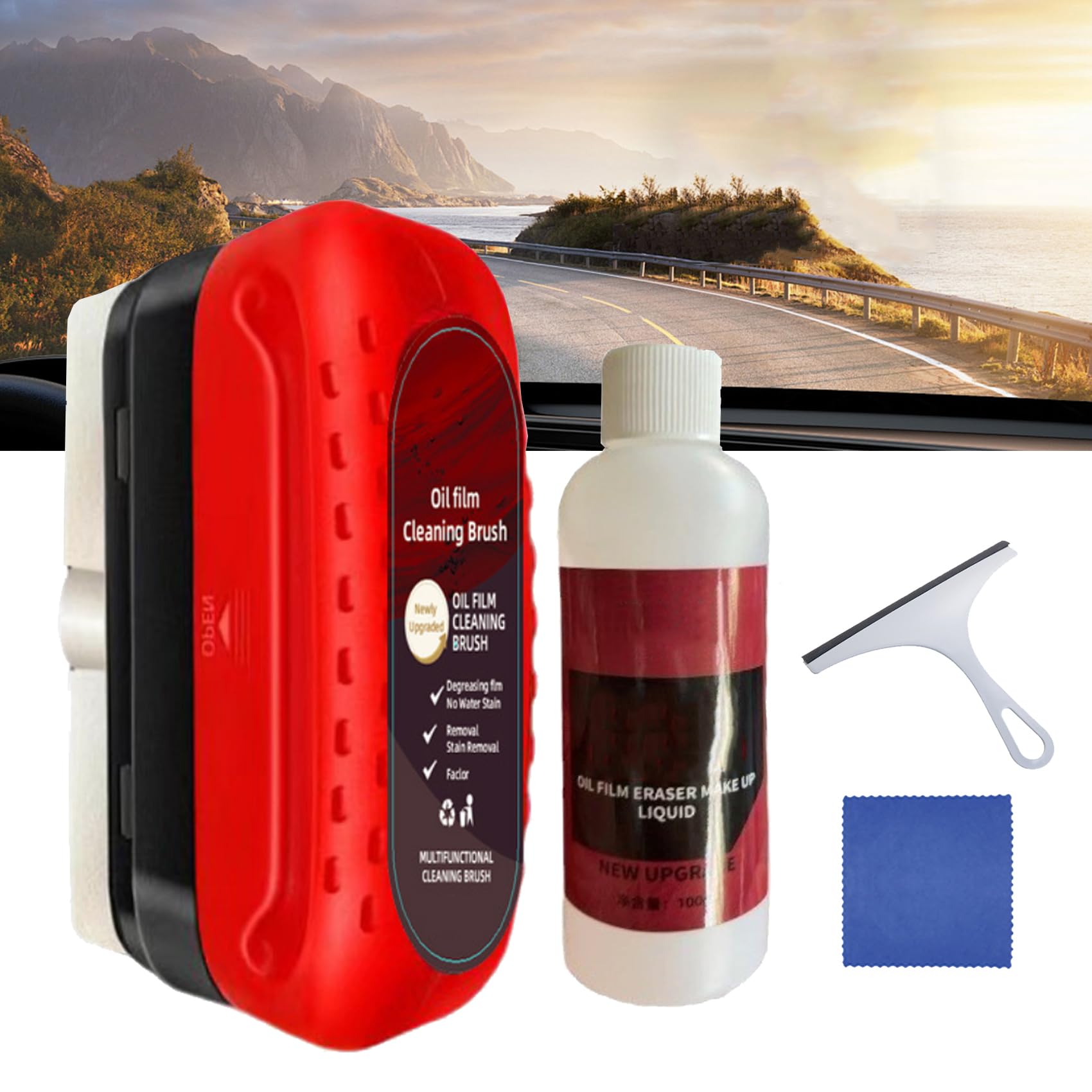Avoxz 2-in-1 Glass & Windshield Cleaner - Professional Oil Film Remover for Car Windows - Automotive Glass Cleaning Brush with Scraper - Perfect for Windshield Stains, Home Windows & Mirrors (1 Set)