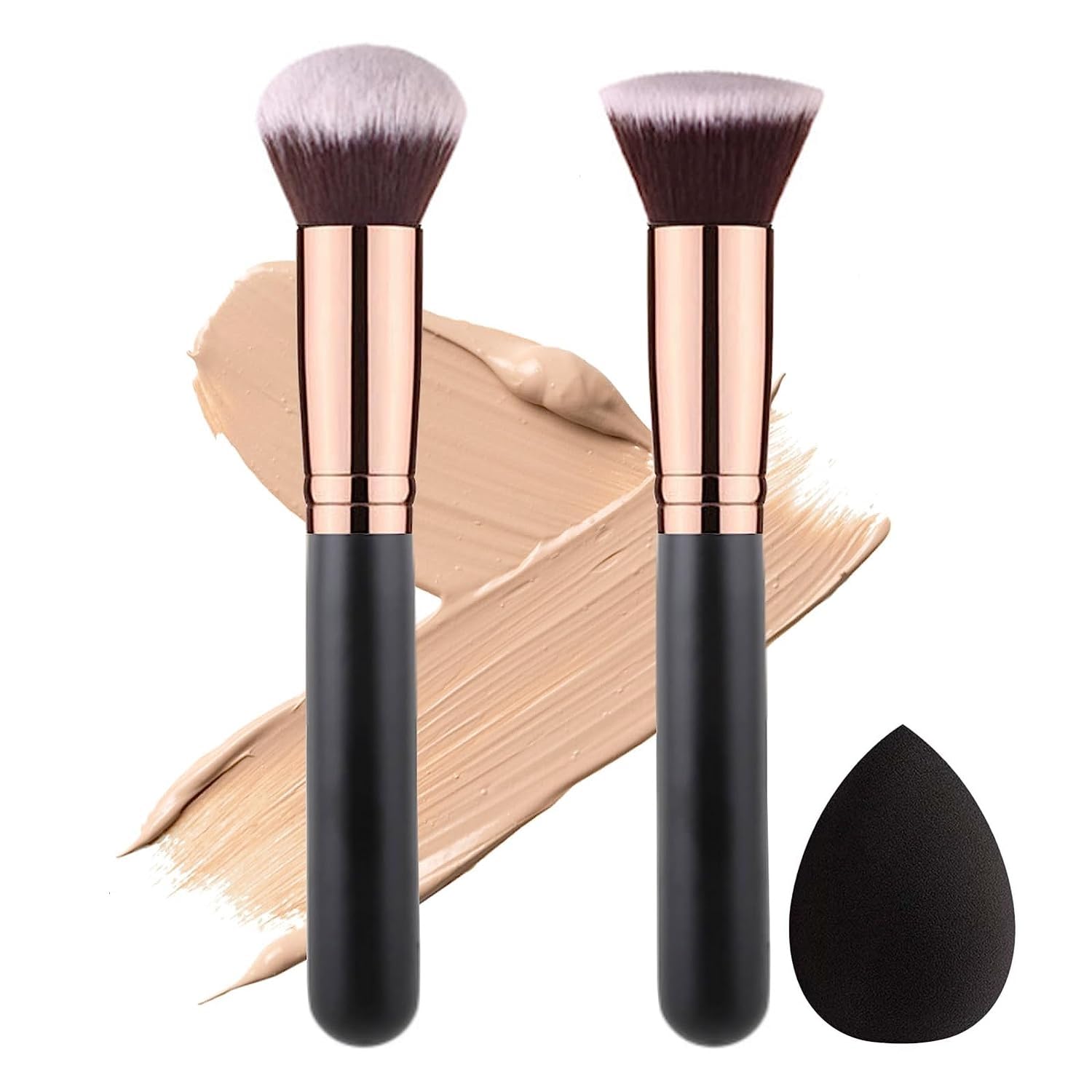 Premium Persian Bristle Makeup Brush Set with Powder Sponge Puff - 2 Brushes & 1 Blender (Black, White, Pink) | Professional Cosmetic Tools for Flawless Foundation, Contouring & Powder Application | Perfect for Home Makeup, Salon Use & Travel Beauty Kit