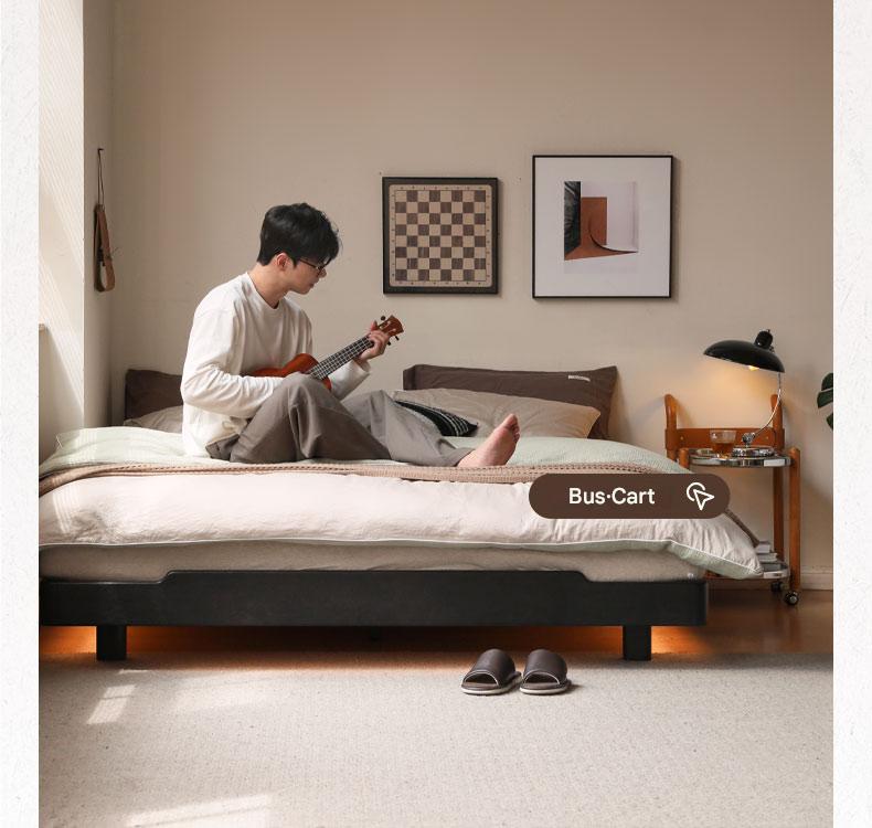 Solid Oak Wood Floating Platform Bed - No Headboard, Black Finish with LED Lights - Perfect for Modern Bedroom & Minimalist Home Decor