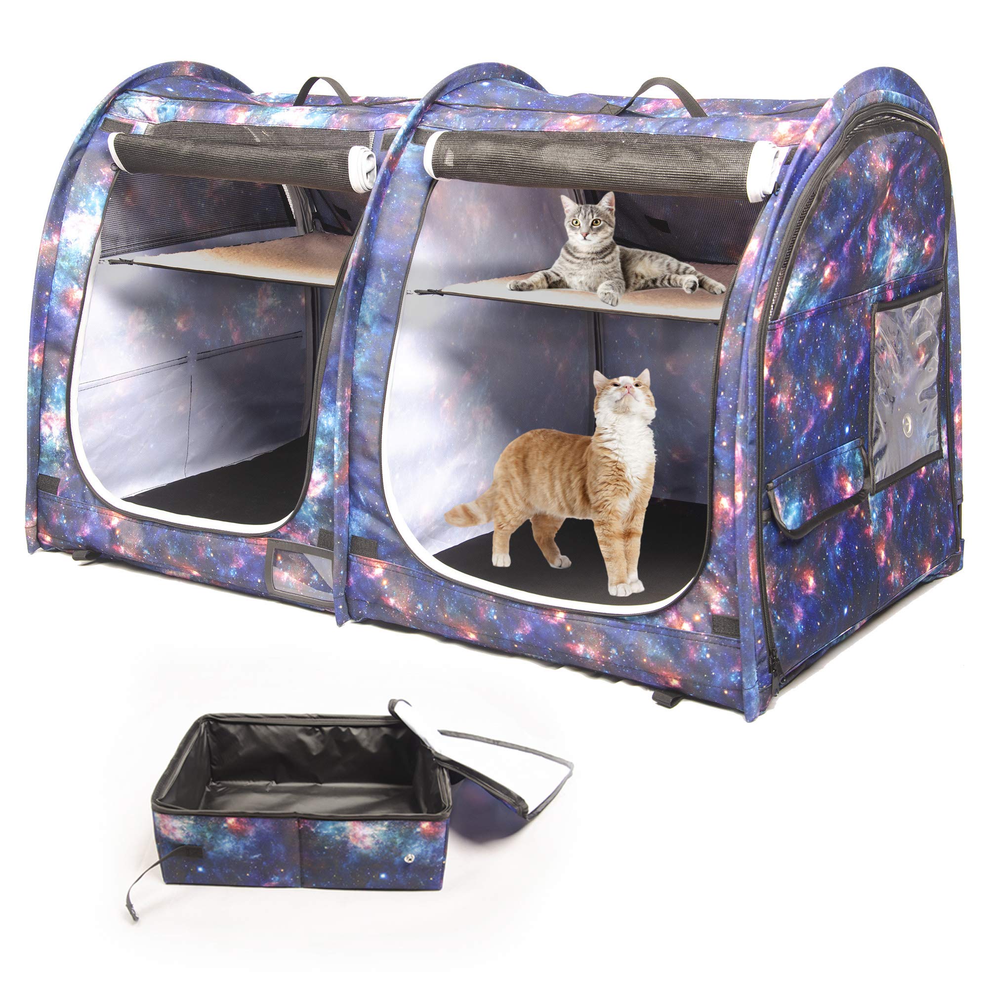 Mispace Foldable Portable Cat Cage & Dog Crate - Twin Compartment Pet Kennel with Carry Bag, 2 Hammocks, Mats & Collapsible Litter Box - Ideal for Travel, Home & Vet Visits